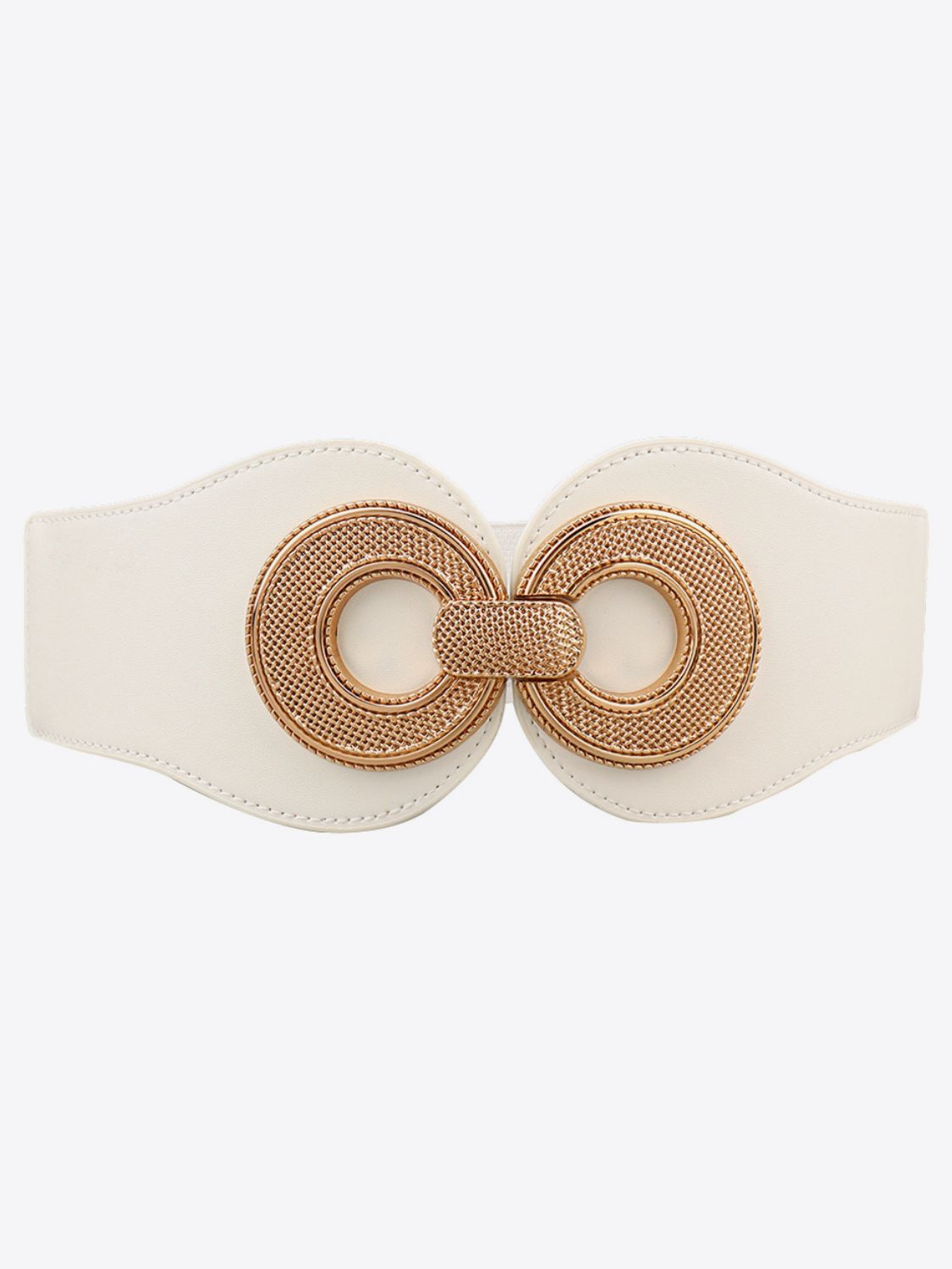 Wide cream elastic PU belt with curved stitched panels and a sculptural alloy buckle featuring two interlocking circular forms and a dimensional finish.
