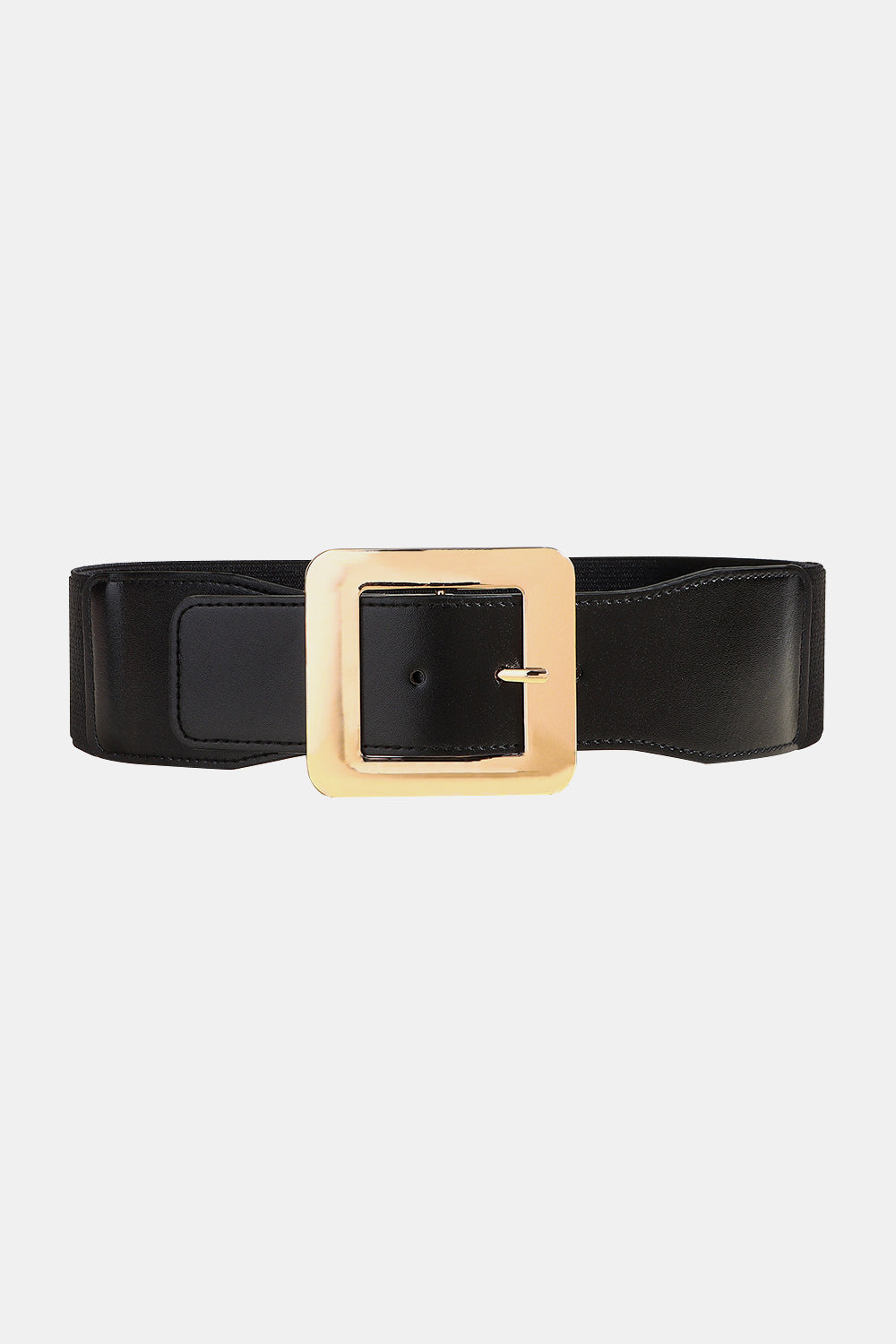 Black PU leather belt with a wide structured silhouette, stitched edges, visible adjustment hole, and a bold square alloy buckle with rounded corners.
