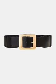 Black PU leather belt with a wide structured silhouette, stitched edges, visible adjustment hole, and a bold square alloy buckle with rounded corners.