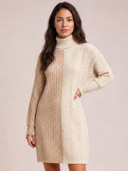 Model poses in a taupe and cream color block turtleneck sweater dress with long sleeves, ribbed knit texture, and a relaxed straight silhouette.