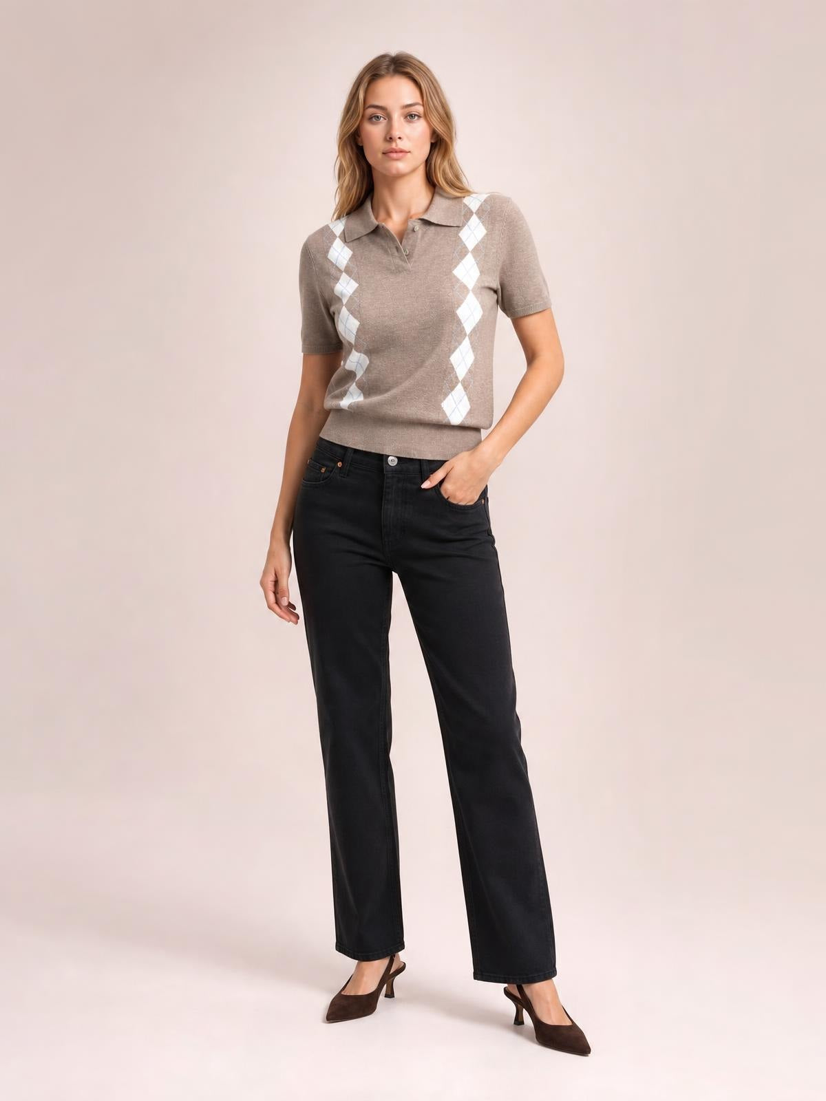 Model poses in a taupe short-sleeve argyle sweater with white diamond stripes, a collared buttoned neckline, ribbed cuffs, and a fitted silhouette.