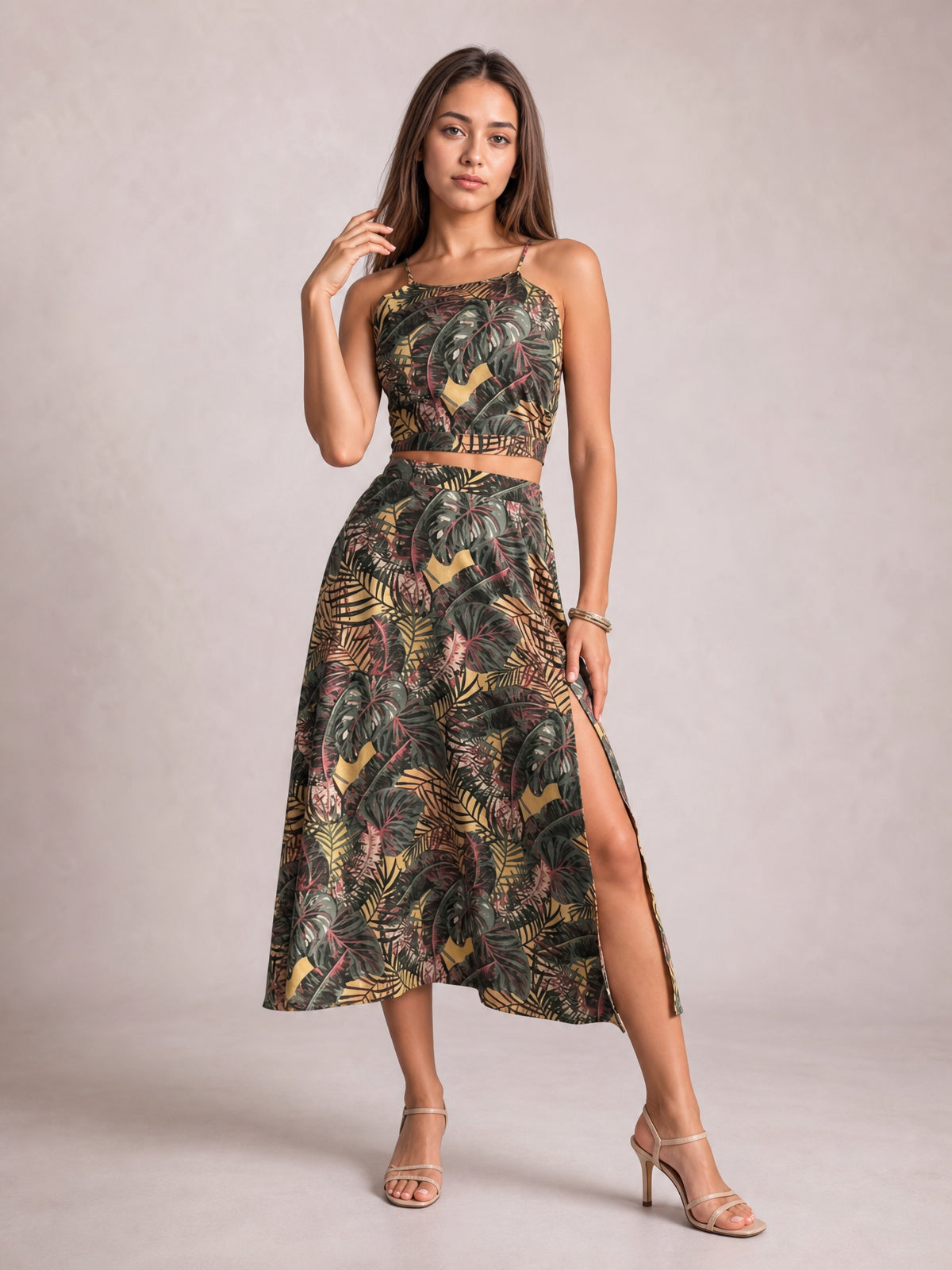 Printed Cami and Slit Skirt Set · Medium / Three-Quarter