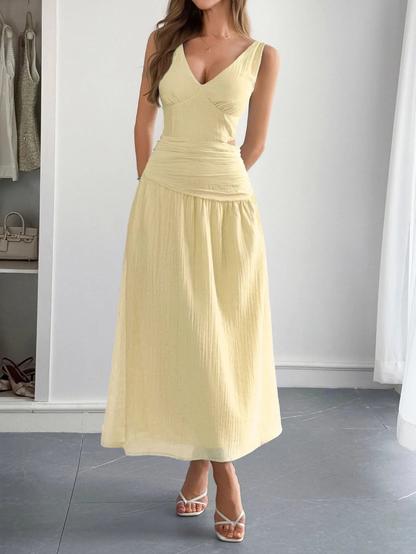 Cutout V-Neck Sleeveless Midi Dress - Ruched.