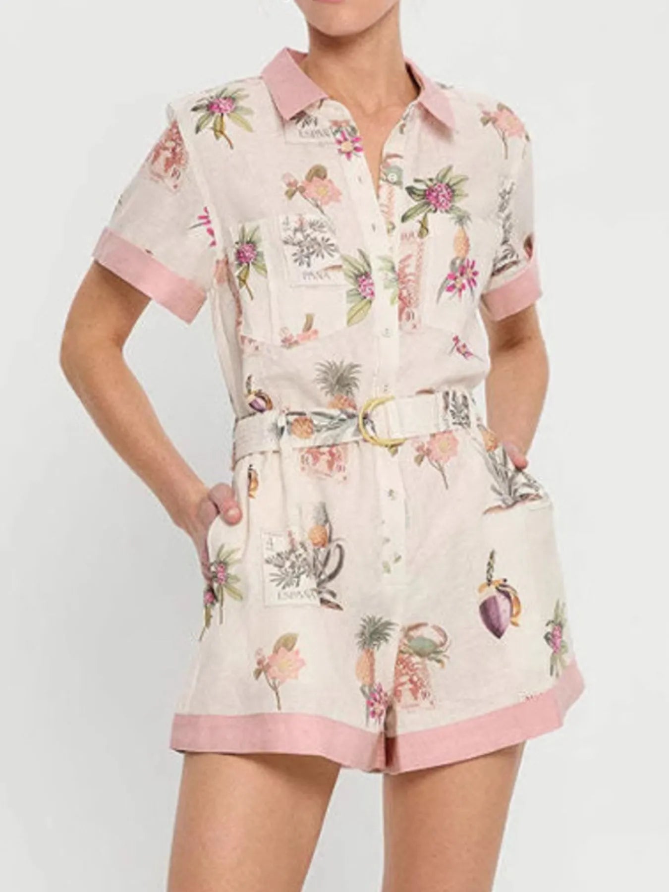 Printed Short Sleeve Romper with Belt and Pockets.
