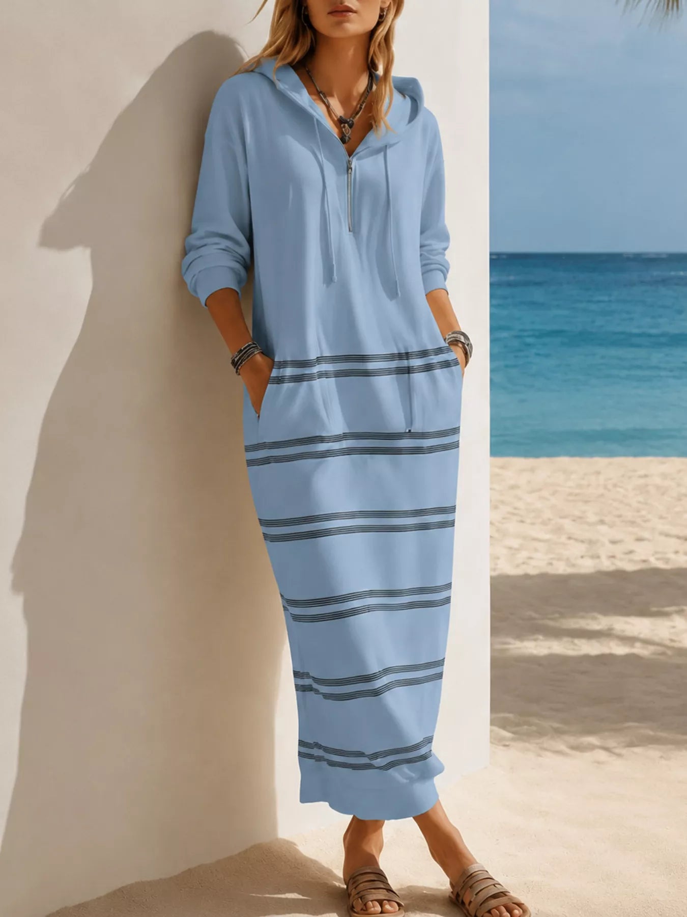 Striped hooded maxi dress with drawstring, pockets, zipper, and long sleeves in multiple colors
