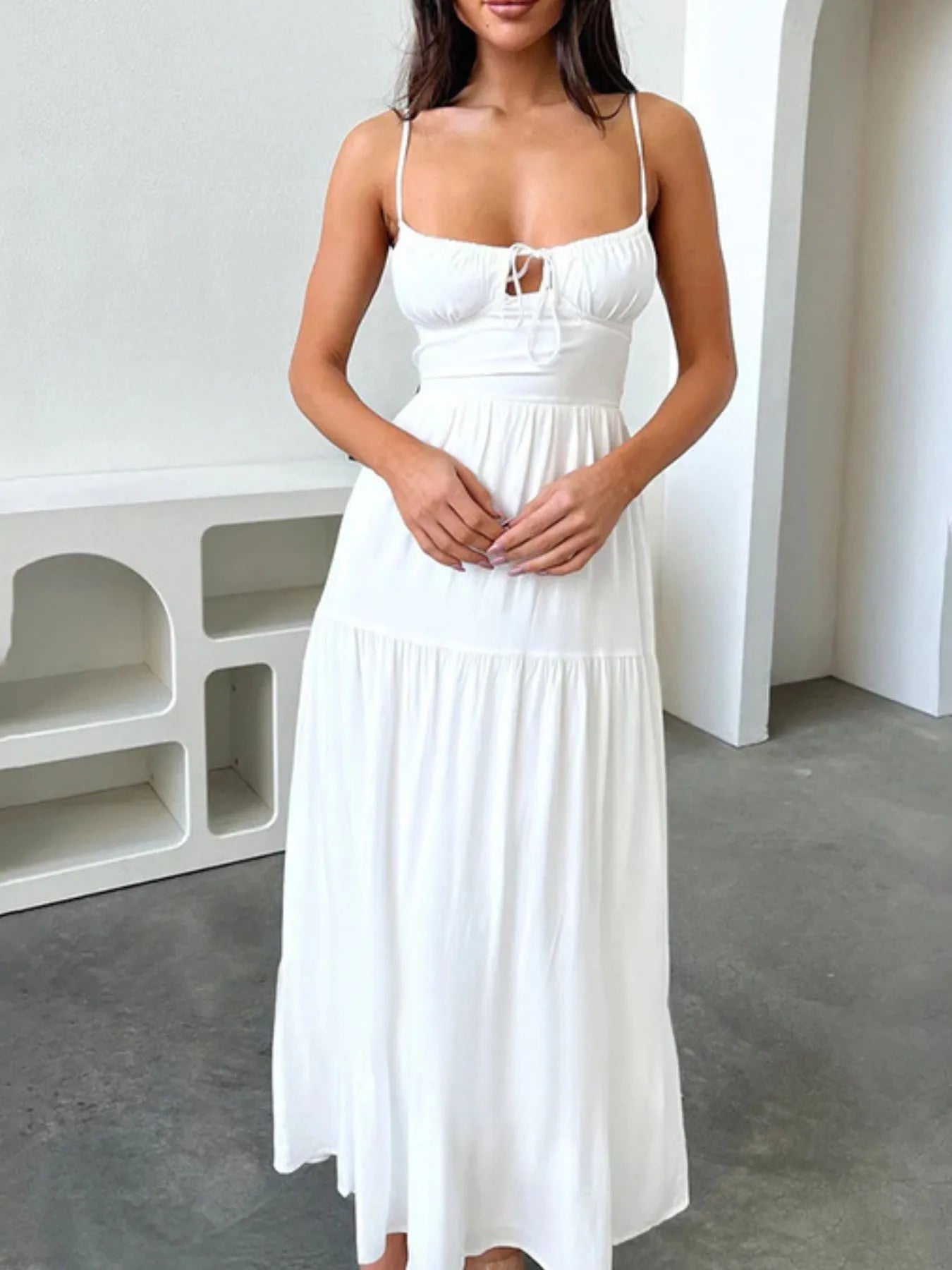 Tiered Maxi Cami Dress with Ruffled Hem - Backless & Tied.