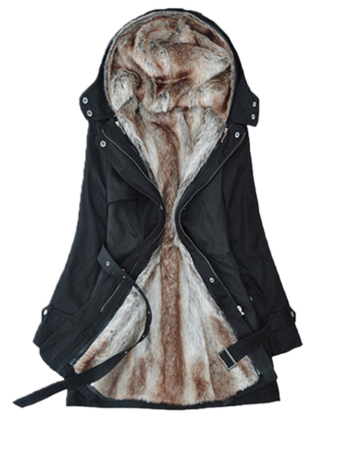 Black hooded jacket shown open with a detachable brown-and-cream plush liner, zip front, buttoned tabs, multiple pockets, and a relaxed long silhouette.