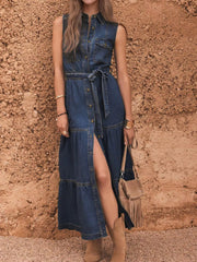 Button Front Sleeveless Denim Dress - Tiered & Belted.