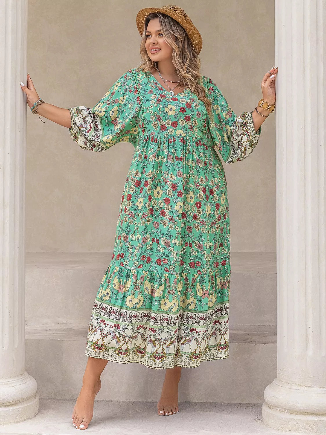 Plus Size Bohemian Floral Tiered Maxi Dress - Basic.