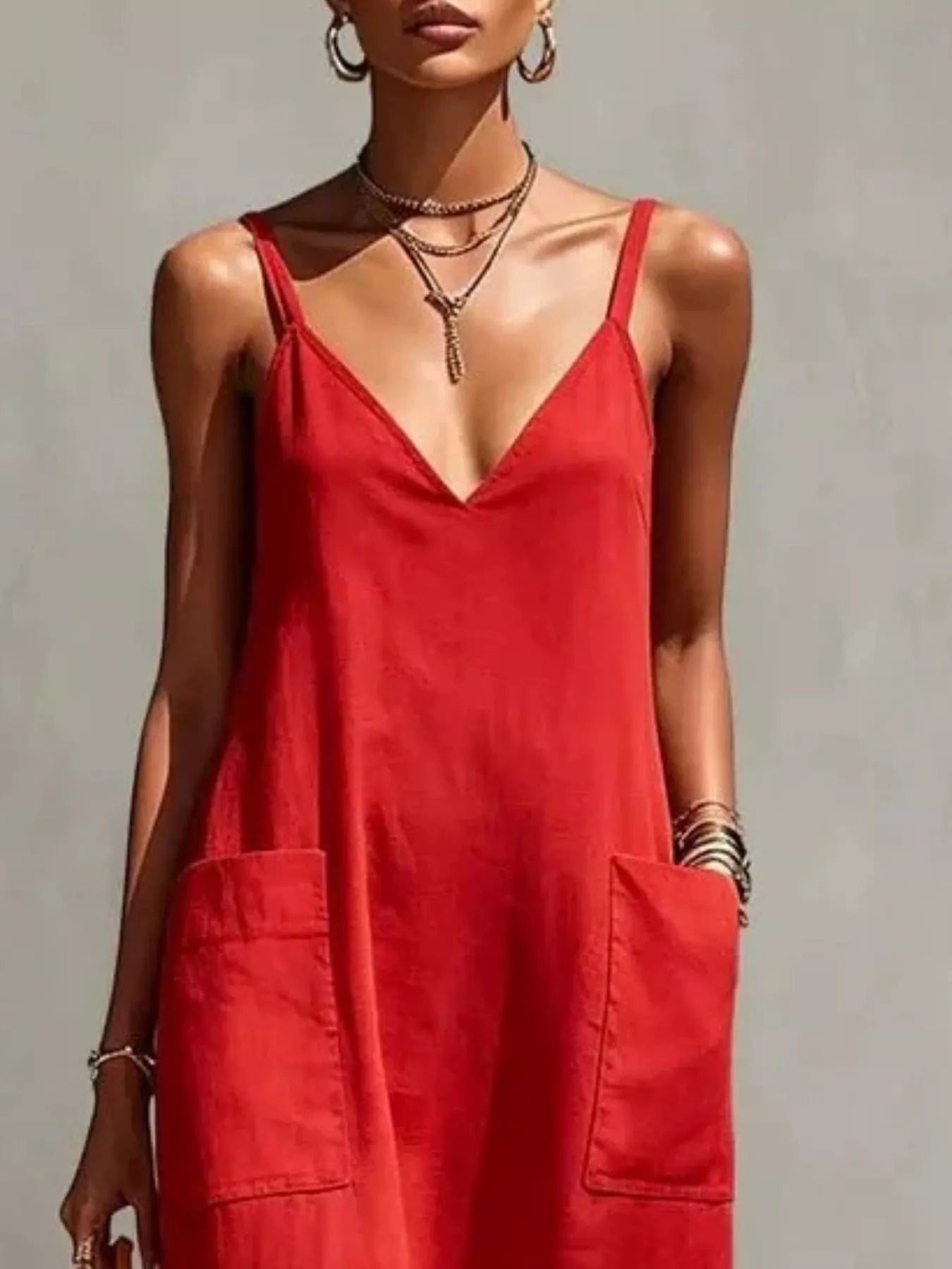 Plus-size V-neck spaghetti strap midi dress with fringe hem and pockets