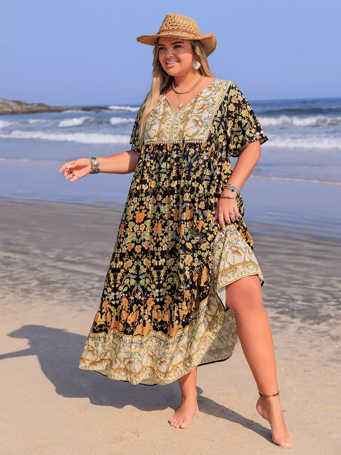 Plus Size Boho Ruffled Maxi Dress with Flutter Sleeves - Basic.