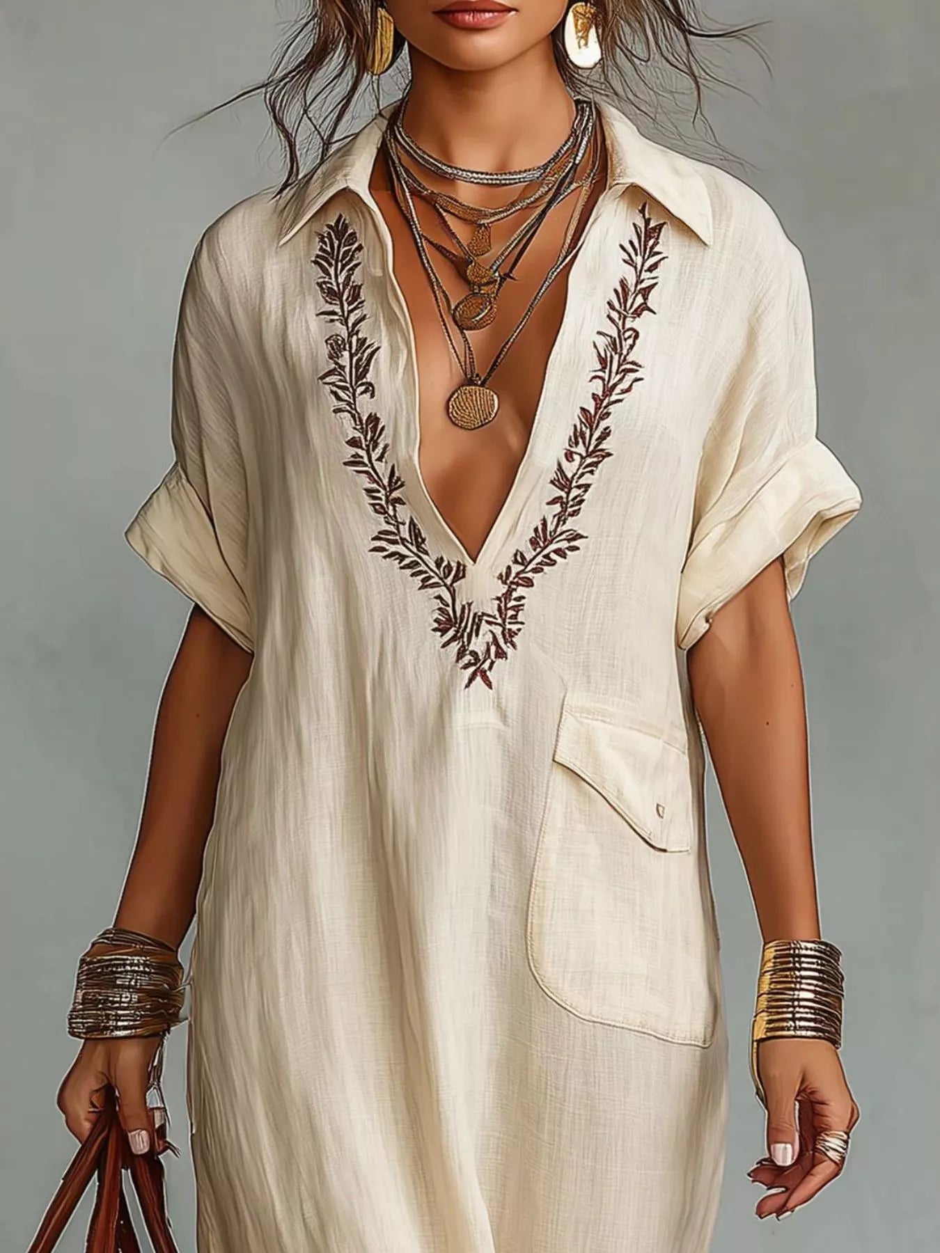 Bohemian embroidered maxi dress with short sleeves and V-neck, shown in apricot, black, blue, green and yellow