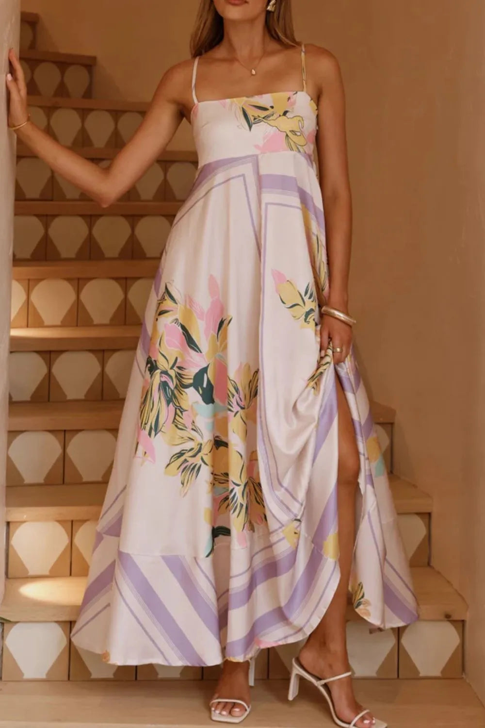 Printed Square Neck Maxi Cami Dress - Basic.