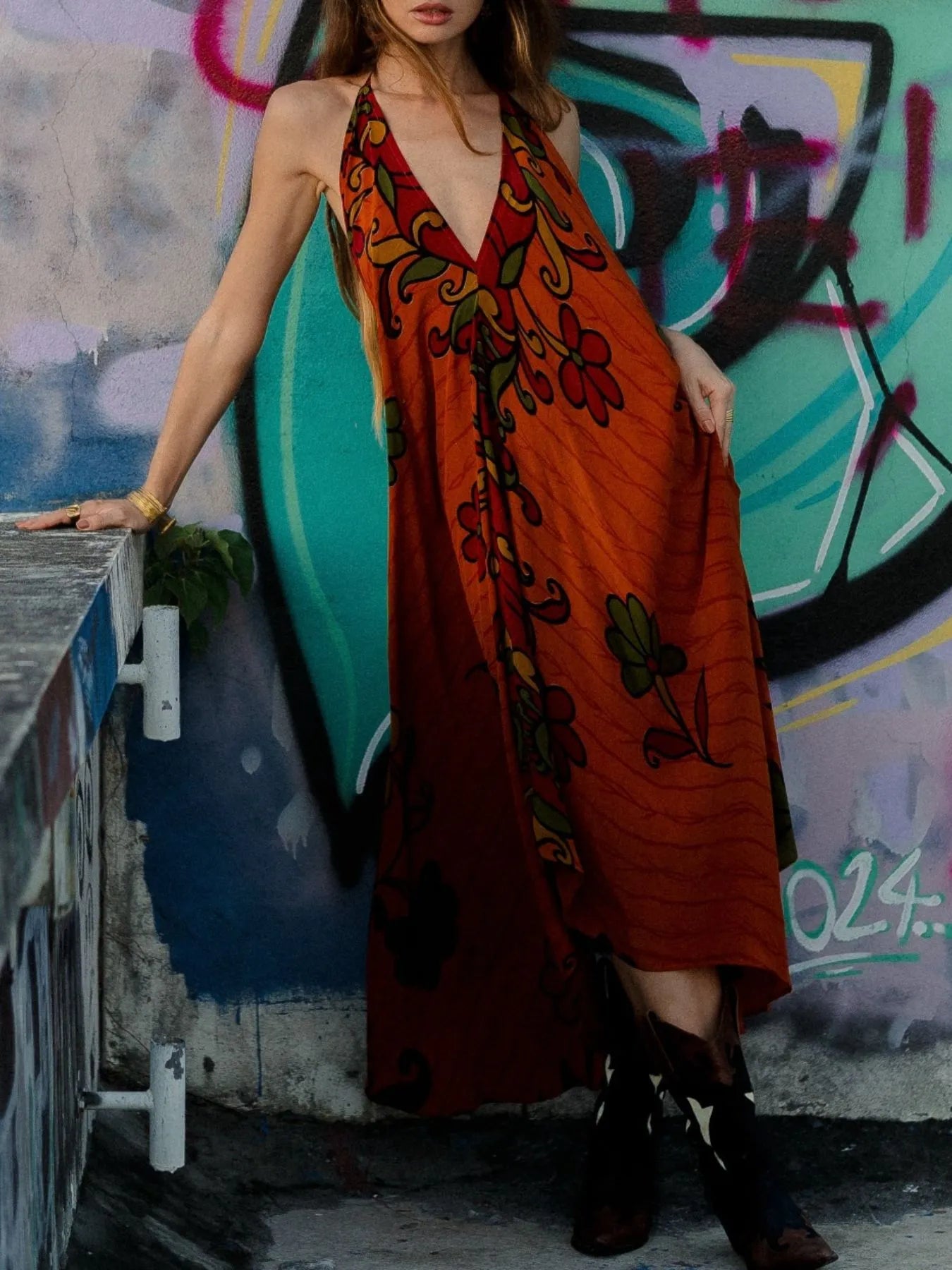 Asymmetrical Hem Printed Halter Neck Dress - Backless.