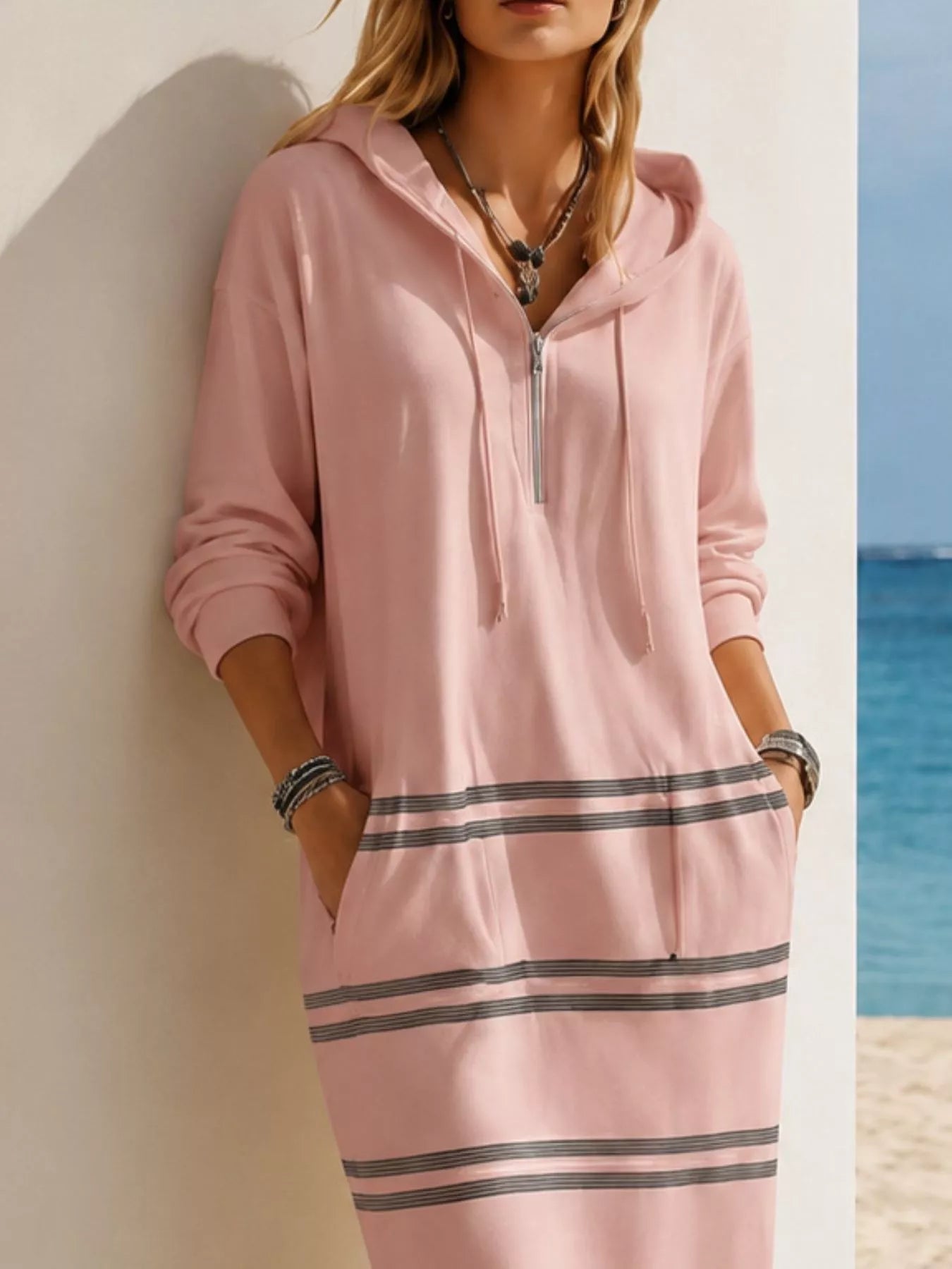 Striped hooded maxi dress with drawstring, pockets, zipper, and long sleeves in multiple colors