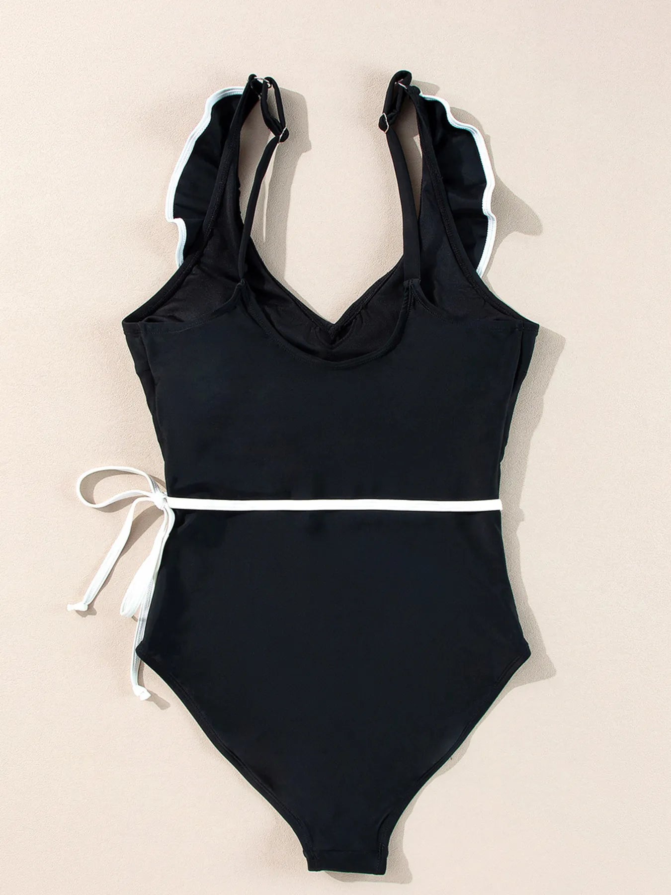Ruffle Trim V-Neck One-Piece Swimsuit with Removable Padding.