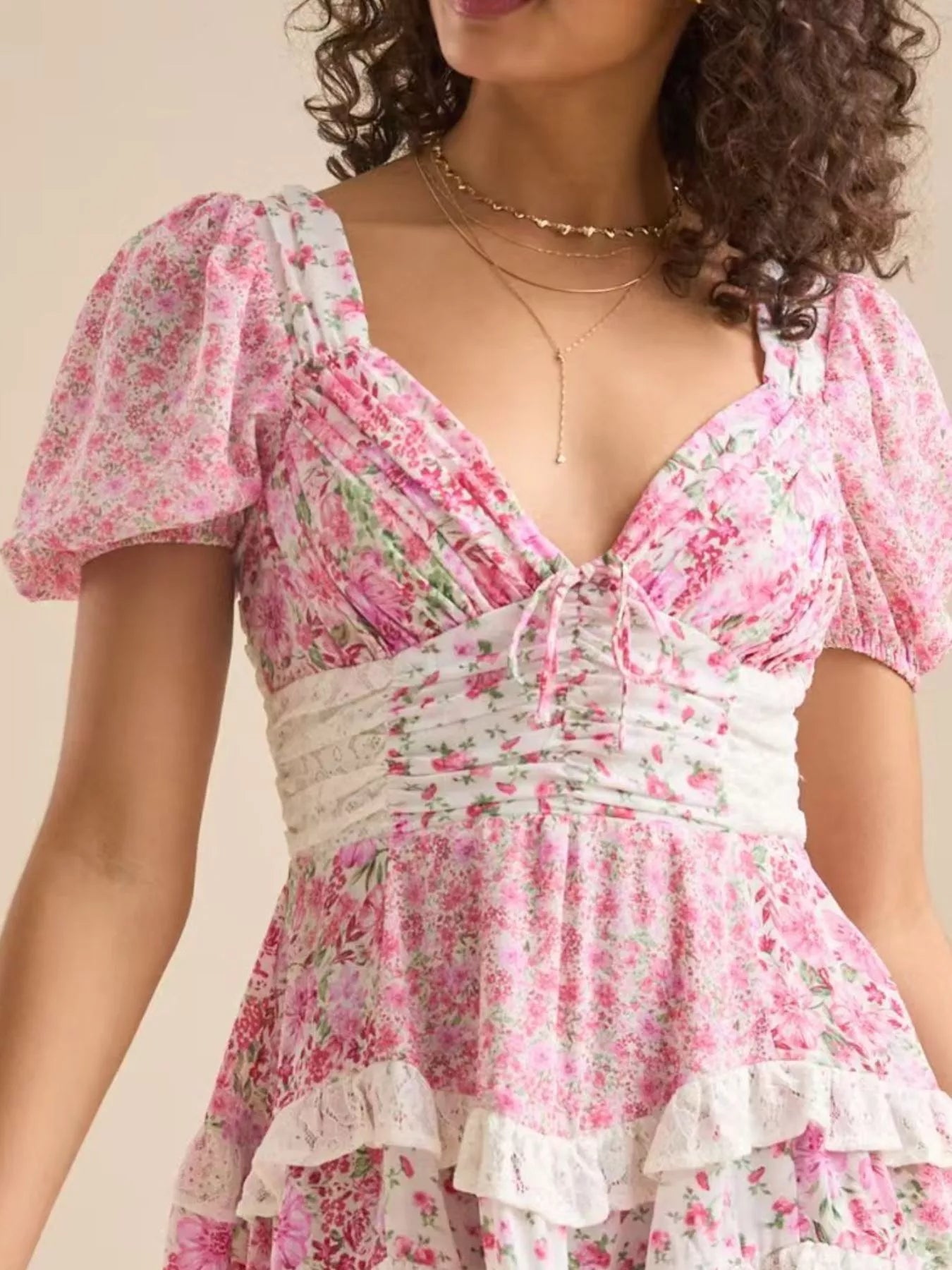 Floral Puff Sleeve V-Neck Mini Dress - Embroidered.