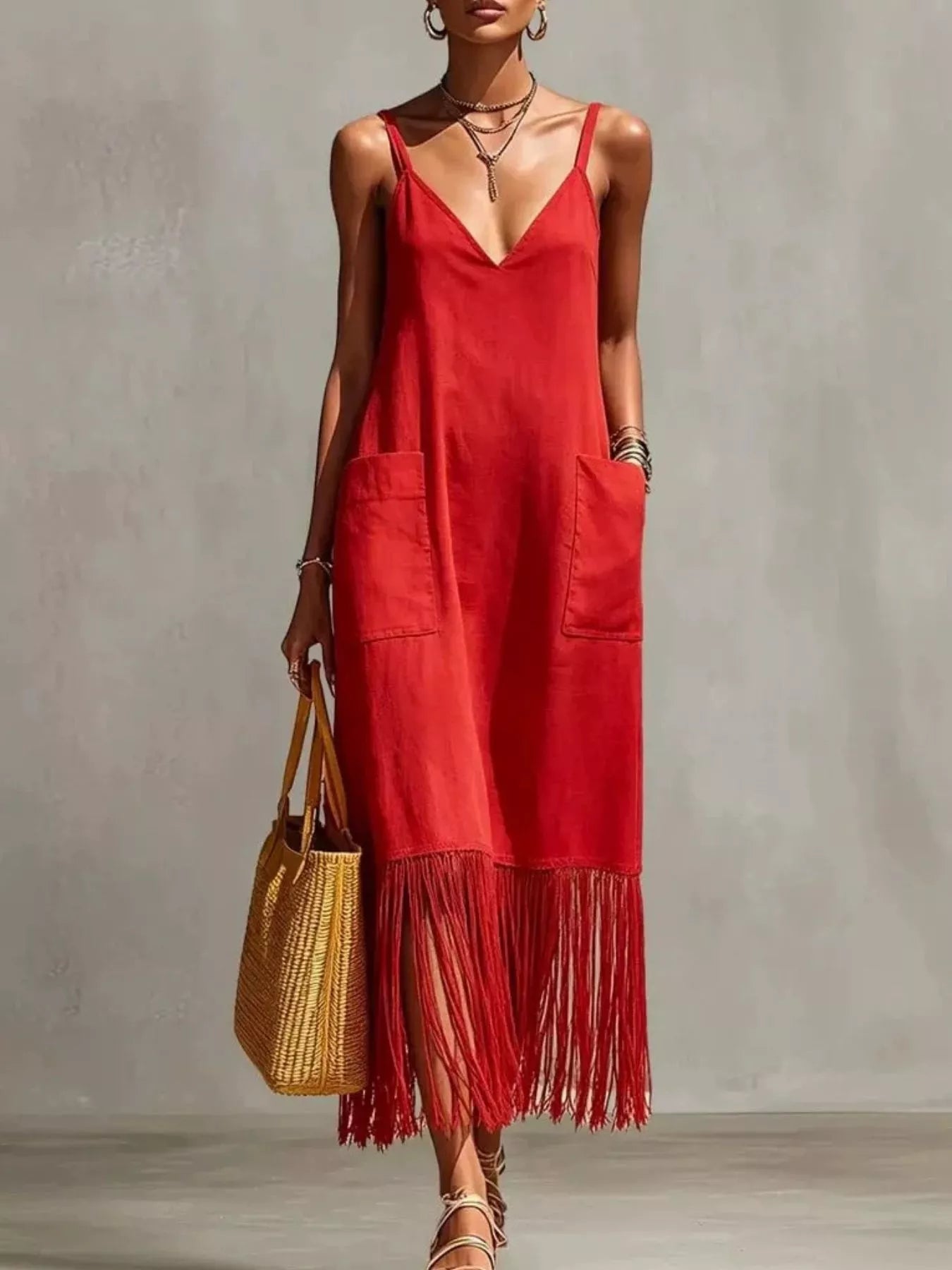 Plus-size V-neck spaghetti strap midi dress with fringe hem and pockets