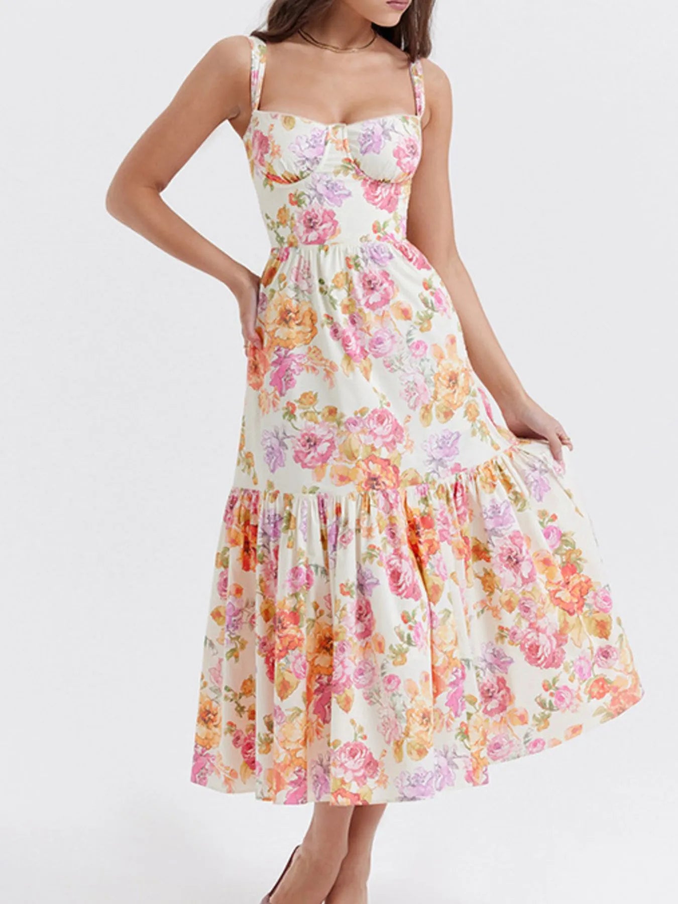 Floral Print Sweetheart Neck Mini Dress - Smocked & Ruffled.