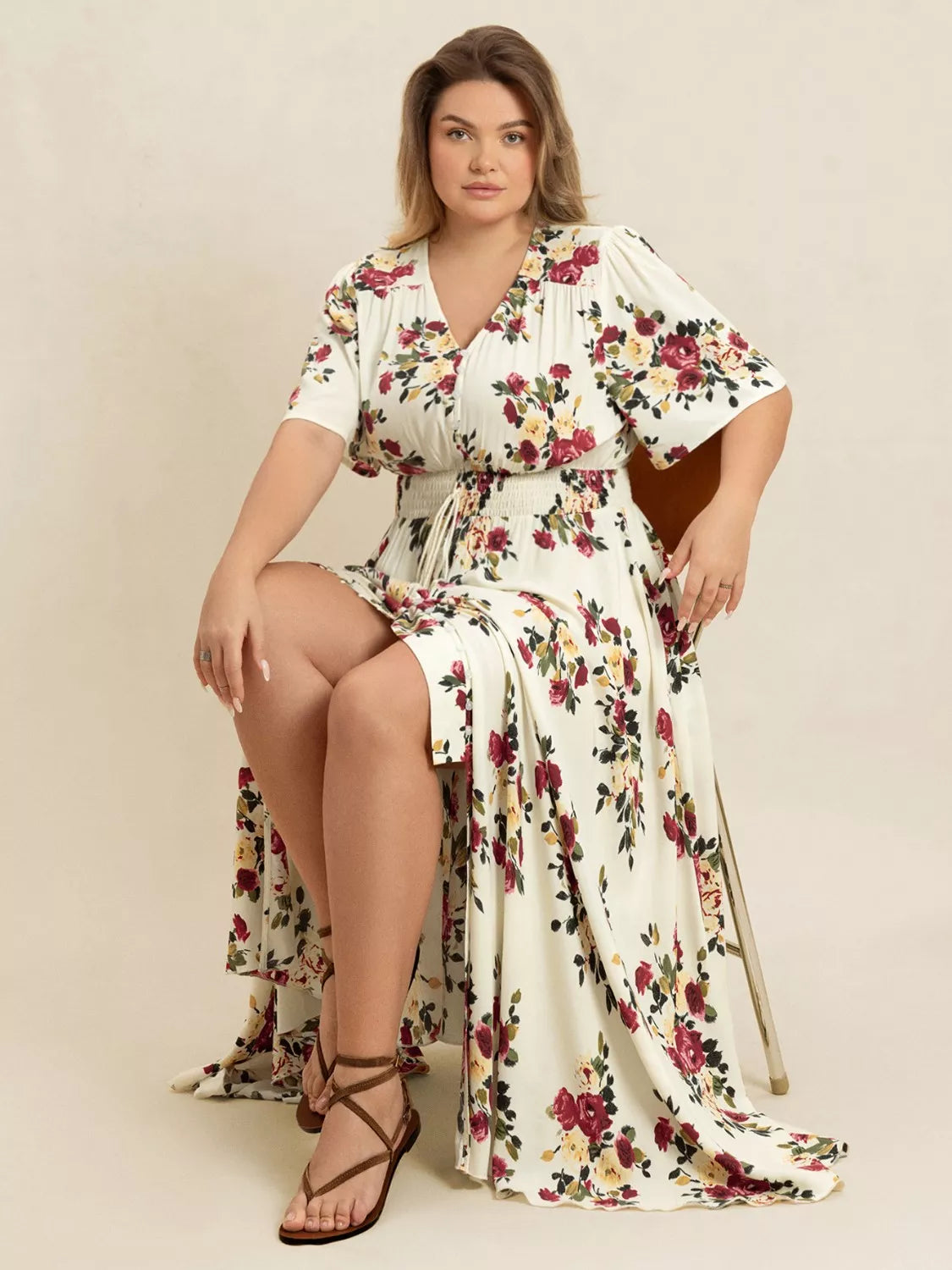 Plus Size Floral Print Maxi Dress with Side Slit and Tied Waist.