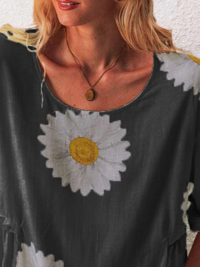 Flower Round Neck Half Sleeve T-Shirt Plus Size