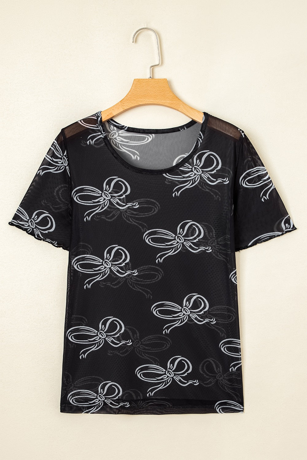 Bow Mesh Round Neck Short Sleeve T-Shirt