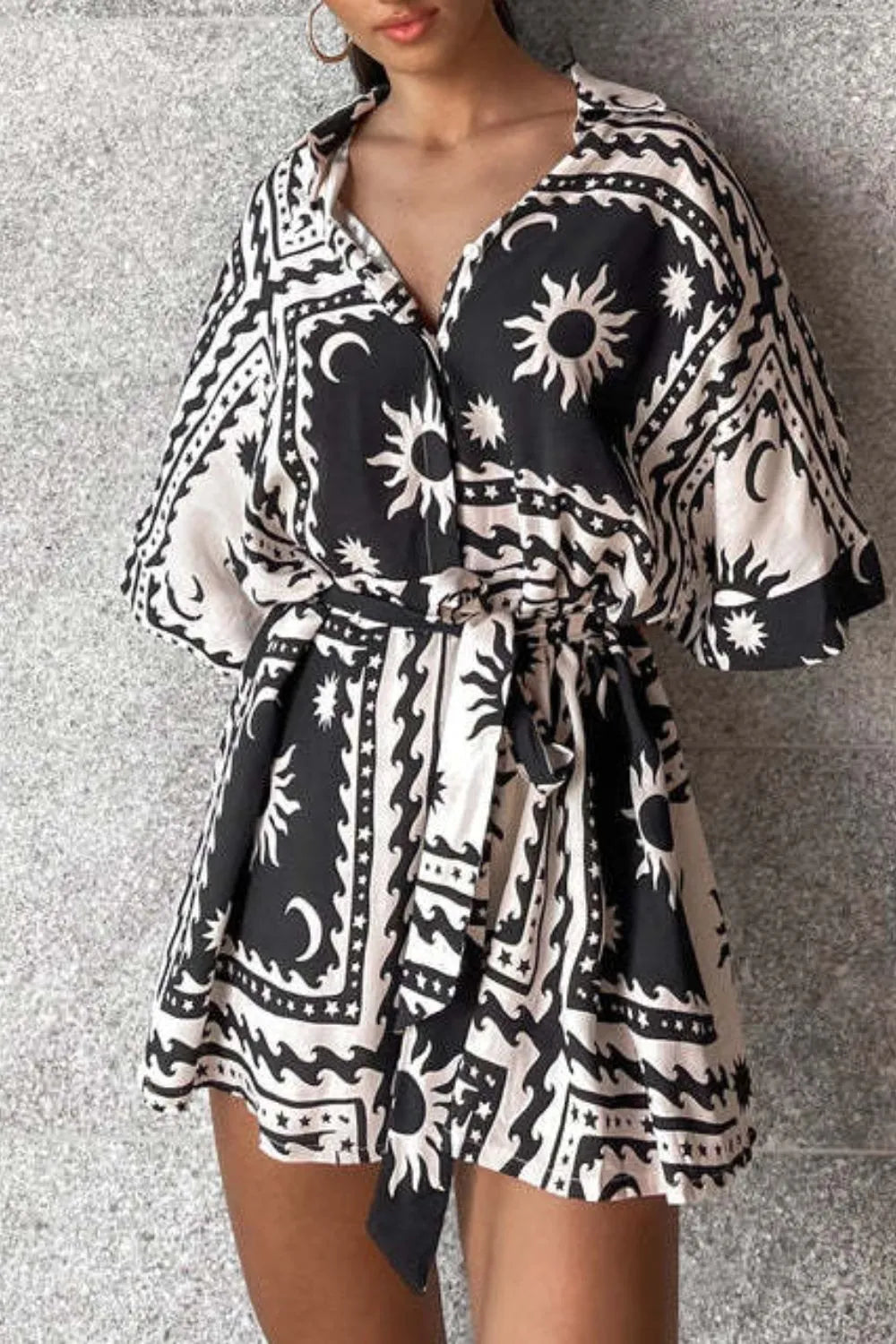 Printed Tie Waist Romper with Buttons.