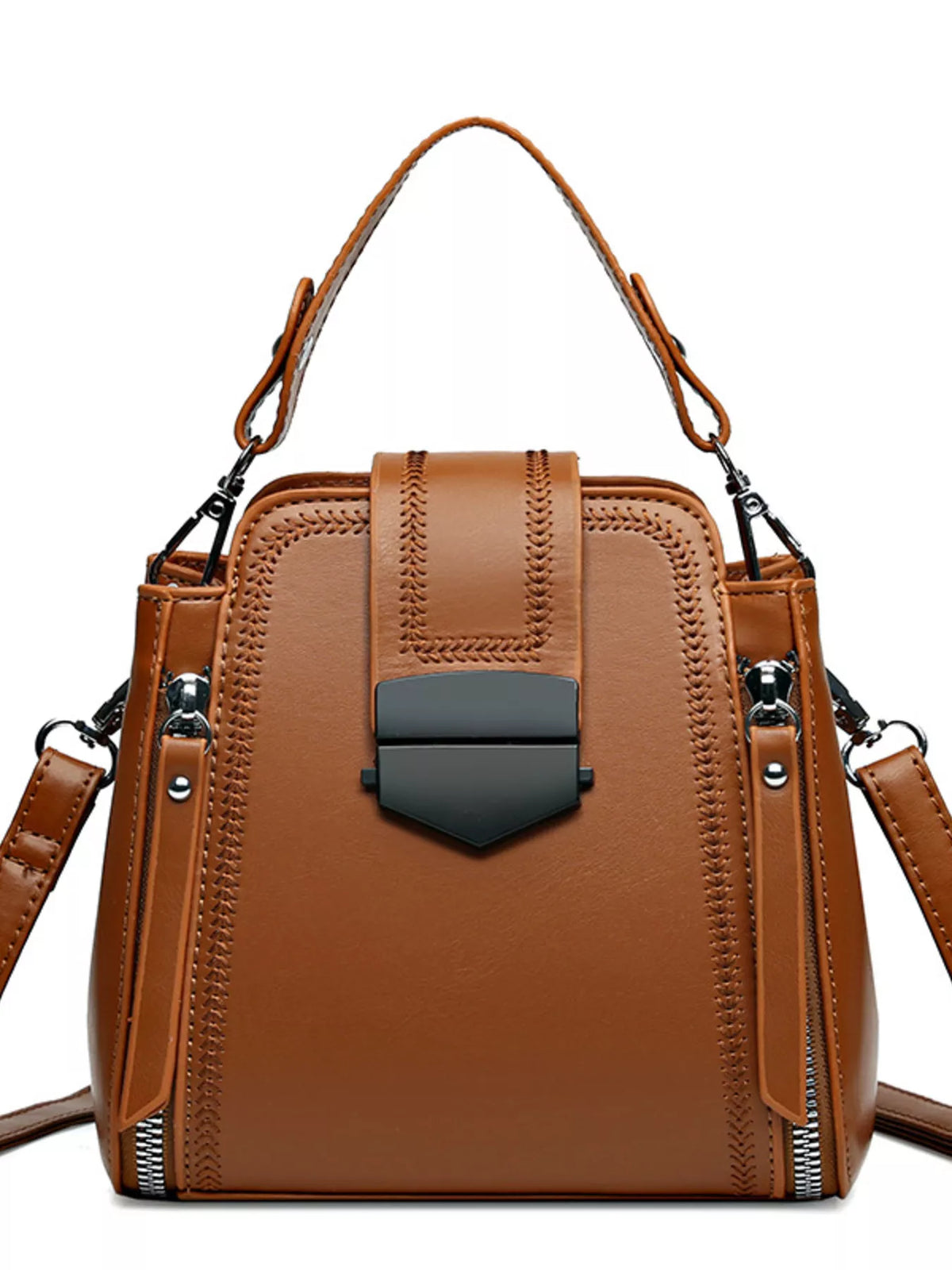 Medium brown PU leather crossbody bag with a structured rectangular silhouette, stitched panel detailing, side zippers, and a front flap with black clasp.