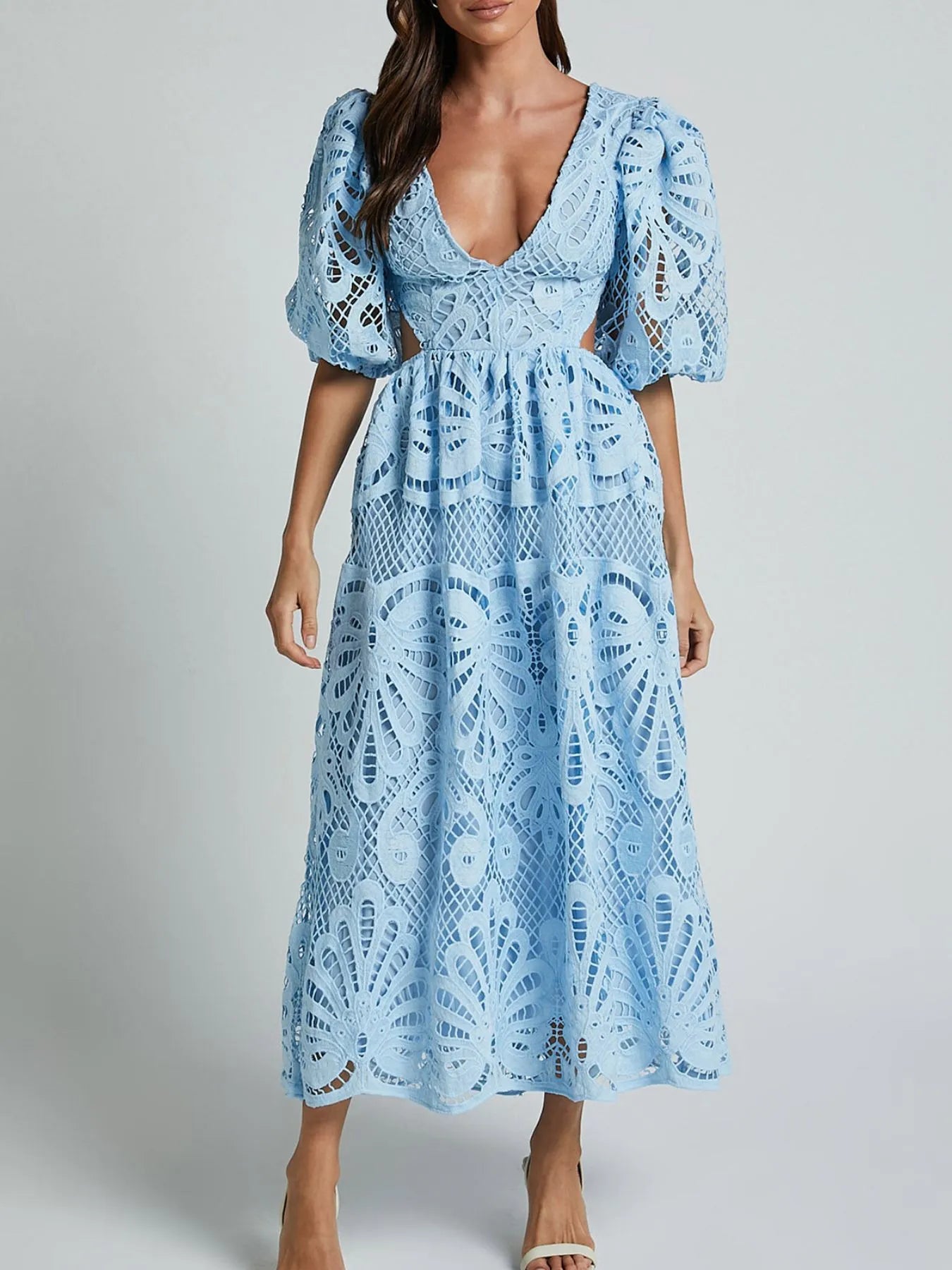 Cutout Back Lace Crochet V-Neck Dress.