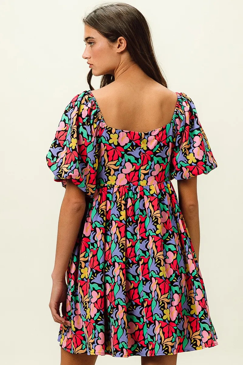 Floral Print Ruffled Hem Dress - Cutout & Tied.