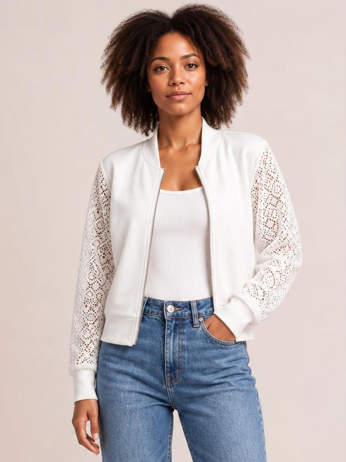 Baseball Collar Lace Patchwork Long Sleeve Jacket · Rule Full Body - Hero Full Body