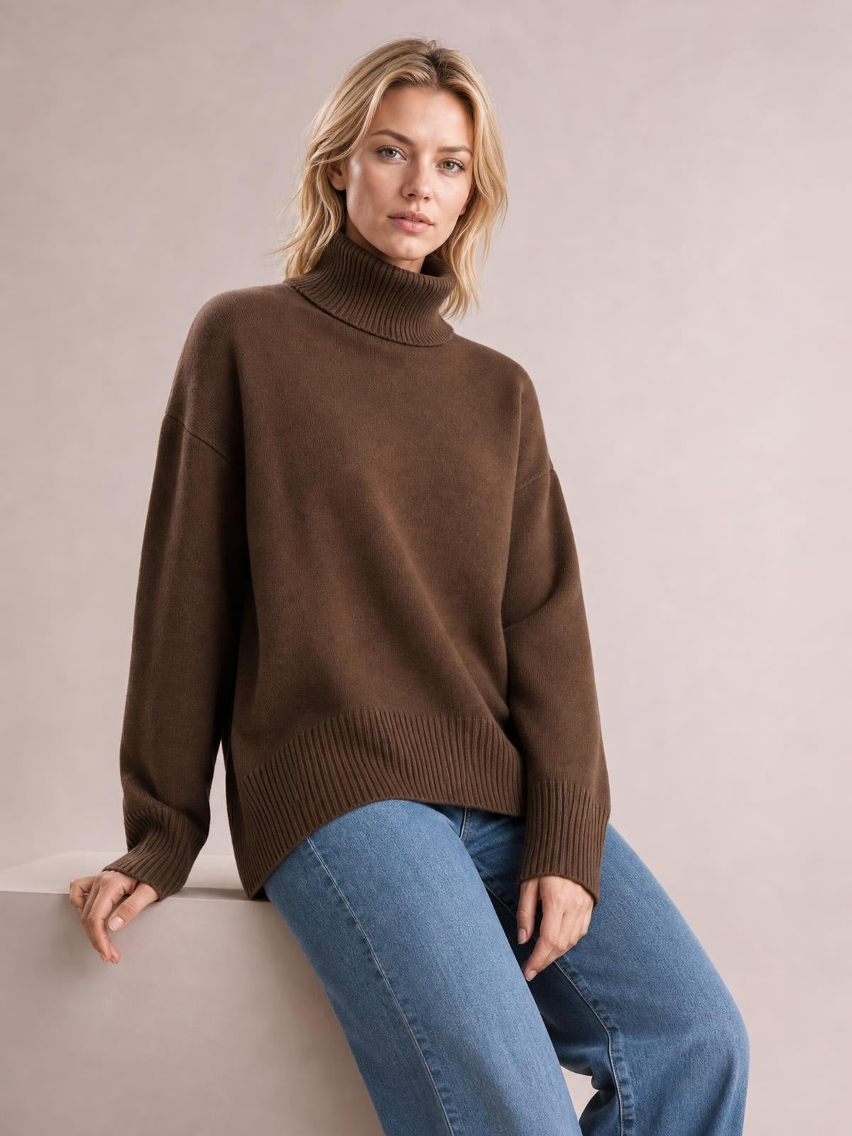 Model seated in a brown turtleneck dropped-shoulder sweater with long sleeves, ribbed cuffs and hem, and a relaxed oversized silhouette.