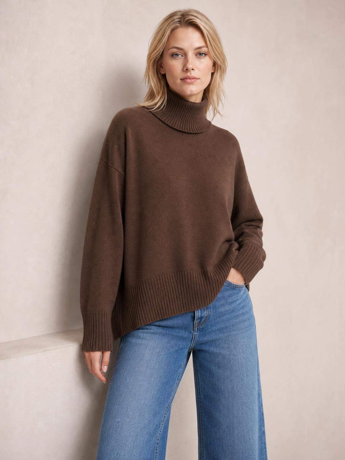 Woman wearing a brown turtleneck dropped-shoulder long sleeve sweater with a relaxed silhouette, ribbed cuffs and hem, posing with one hand in her jeans pocket.