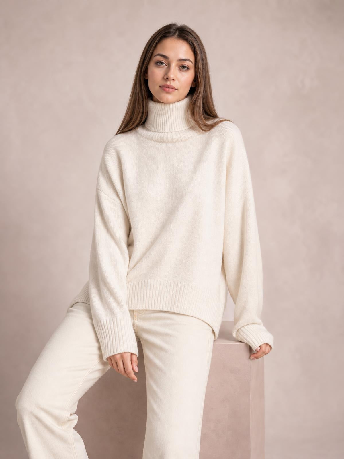 A model poses in a cream turtleneck dropped-shoulder sweater with long sleeves, ribbed cuffs and hem, and a relaxed silhouette.