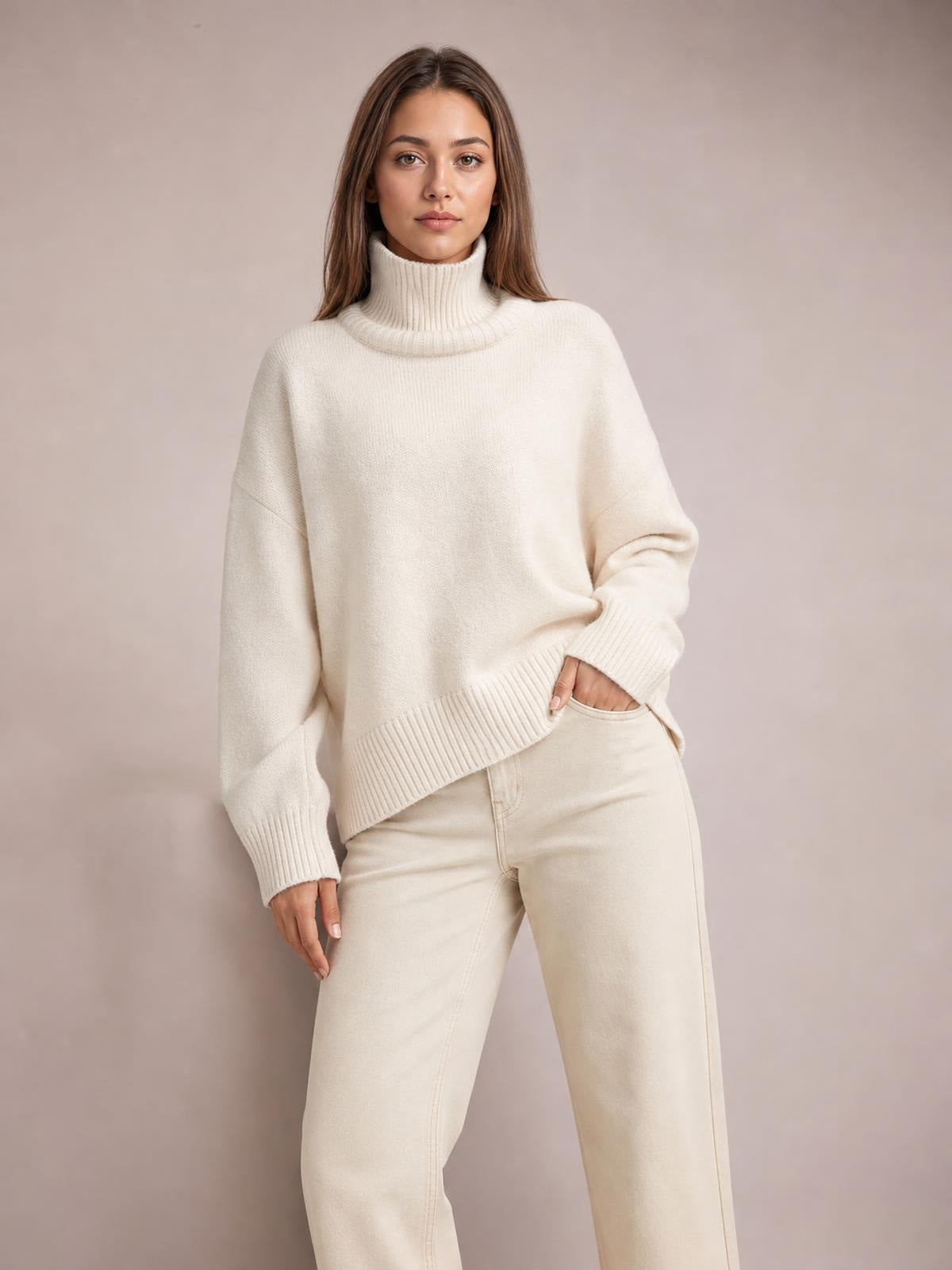 Model wears an ivory turtleneck dropped-shoulder long sleeve sweater with a relaxed silhouette, ribbed cuffs and hem, posing with one hand in her pocket.