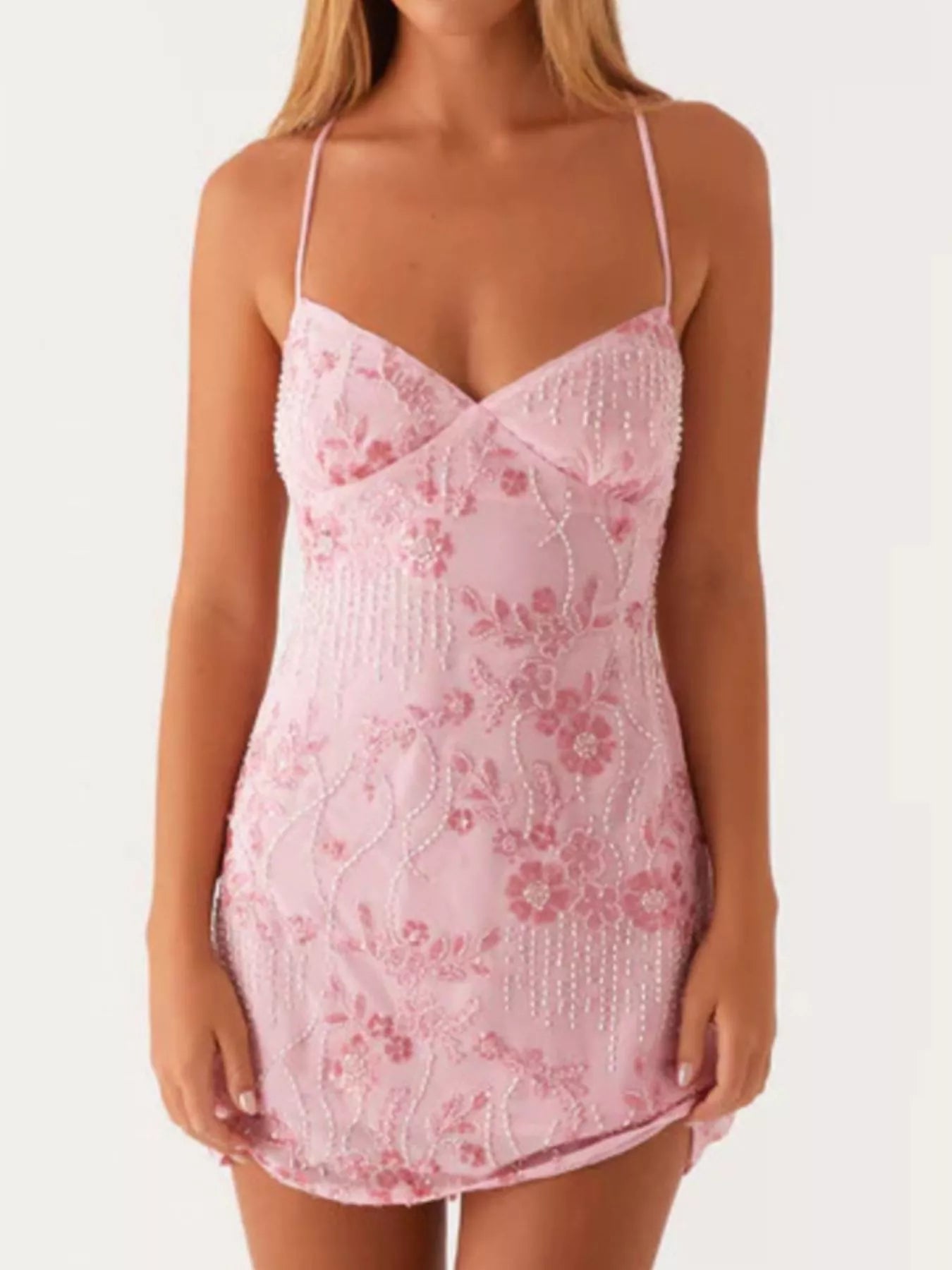 Backless Embroidered Sequin Cami Dress - Ruched & Tied.