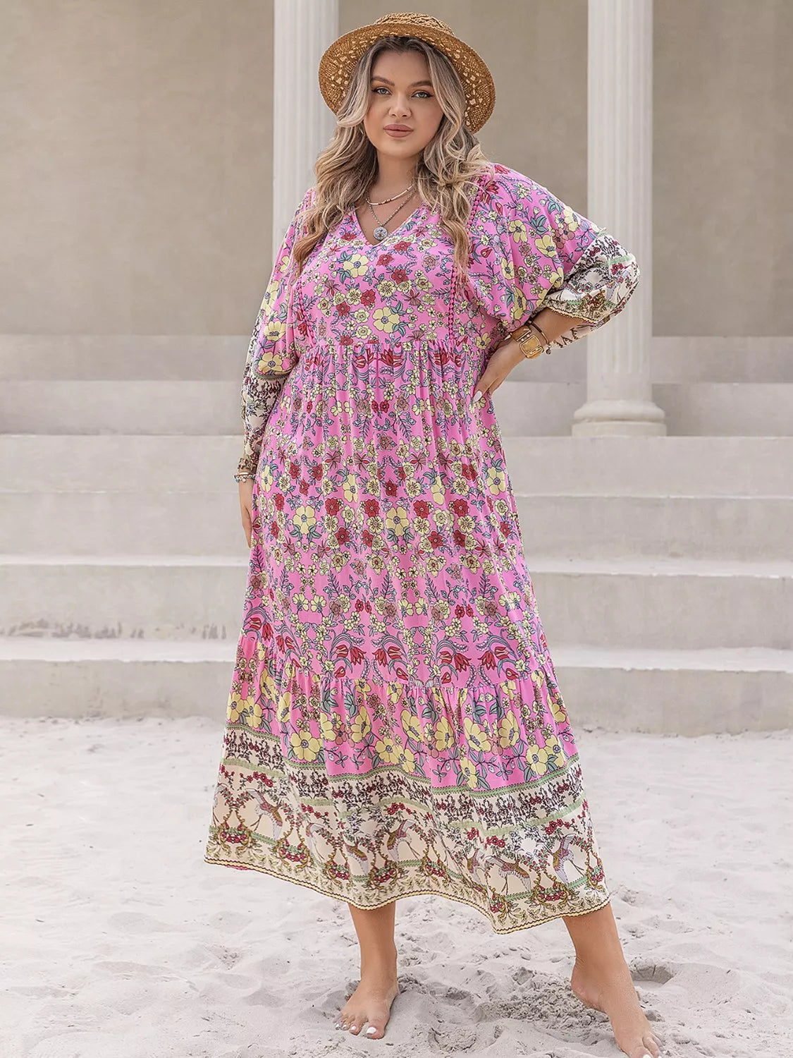 Plus Size Bohemian Floral Tiered Maxi Dress - Basic.