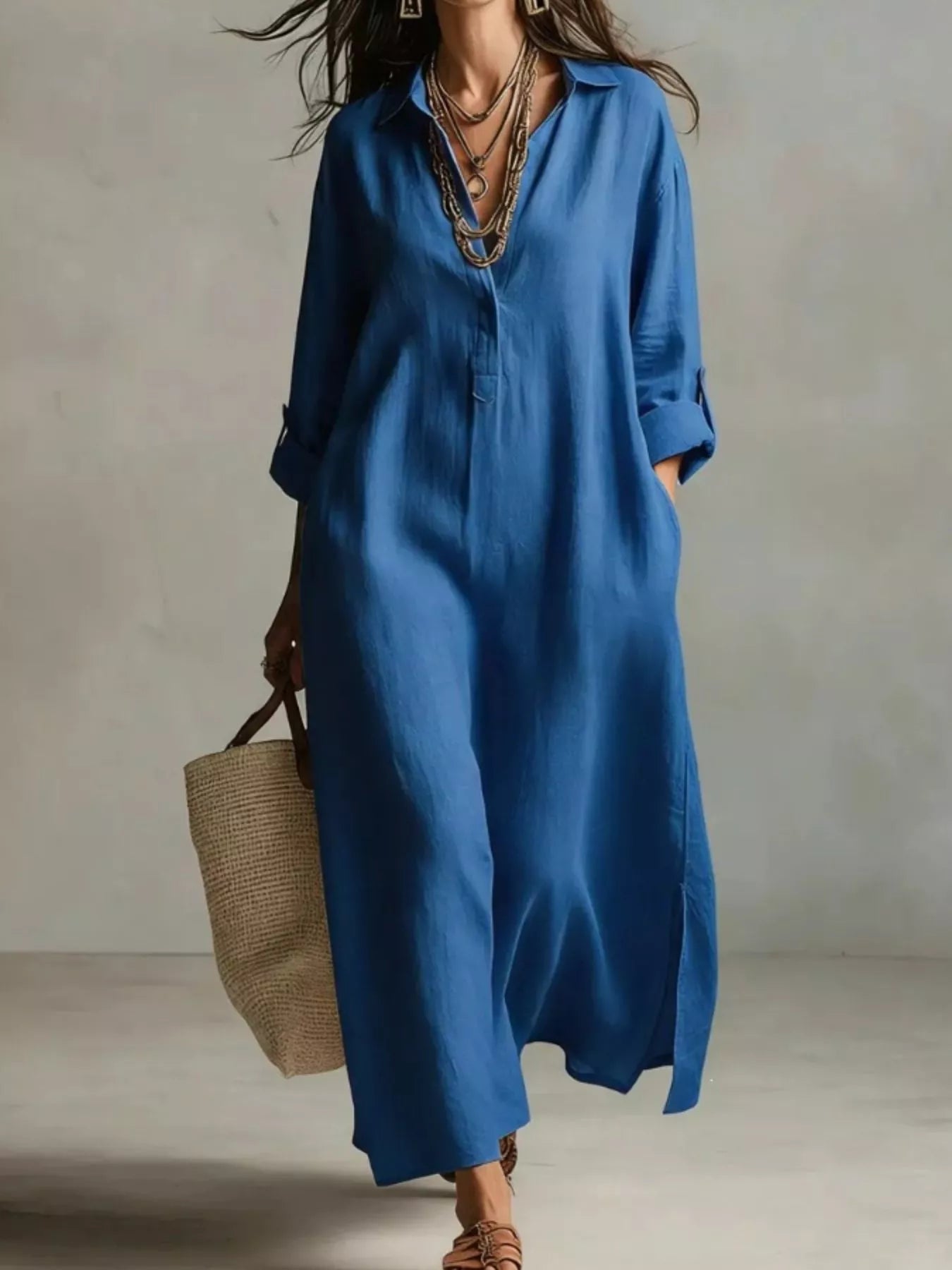 Relaxed plus-size cream midi shirt dress with collar, pockets, button front, and short sleeves