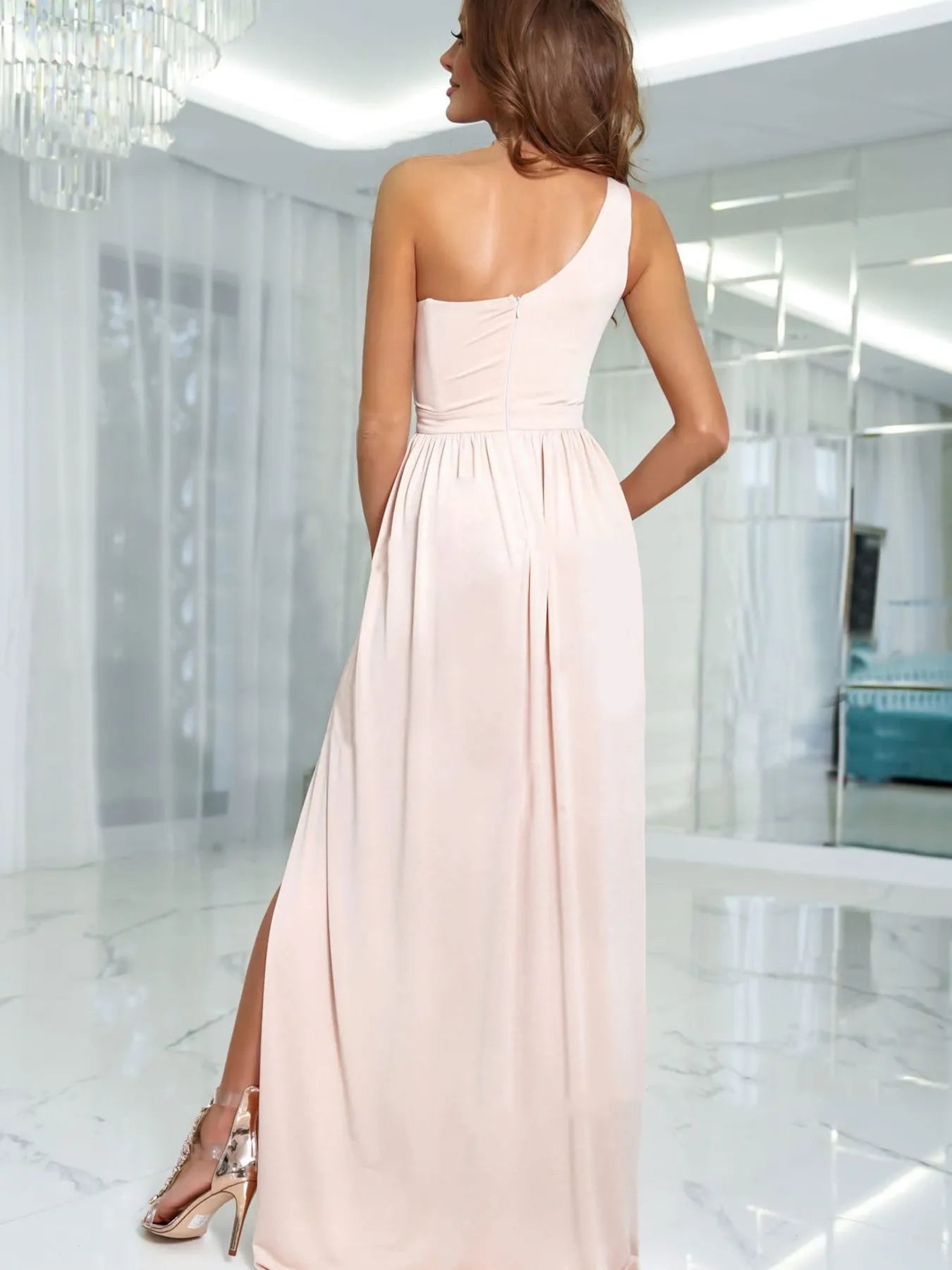 One-Shoulder Satin Wrap Dress with Side Slit - Asymmetrical.
