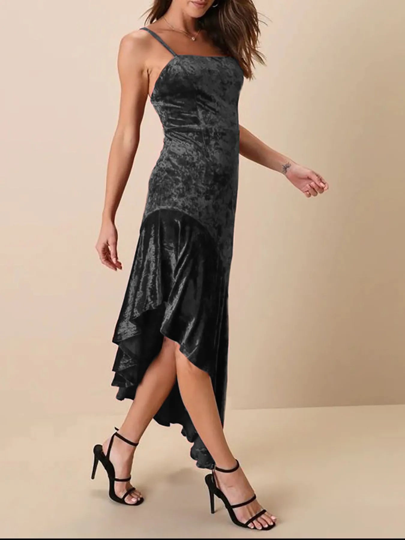 Asymmetrical Velvet Cami Dress with Ruffle Hem and Slit.
