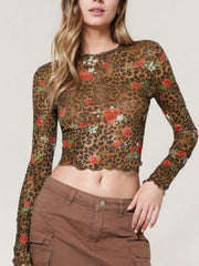 Leopard Floral Round Neck Long Sleeve Mesh T-Shirt