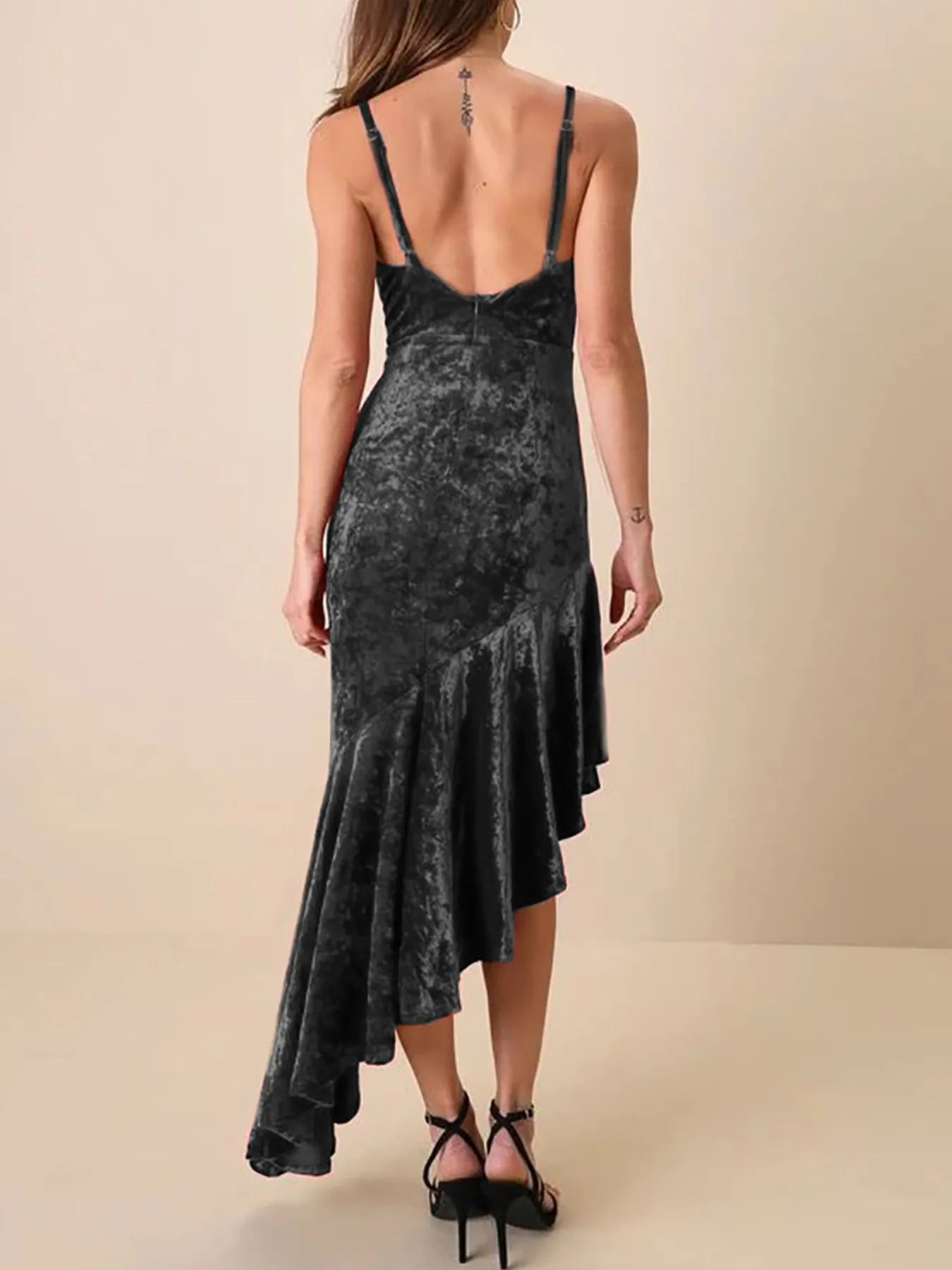 Asymmetrical Velvet Cami Dress with Ruffle Hem and Slit.