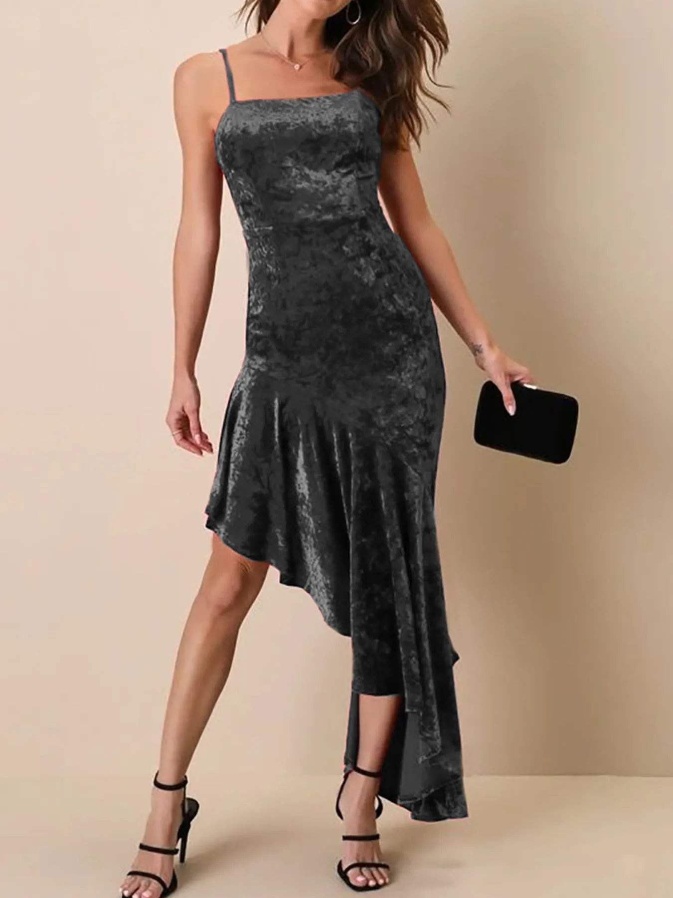 Asymmetrical Velvet Cami Dress with Ruffle Hem and Slit.