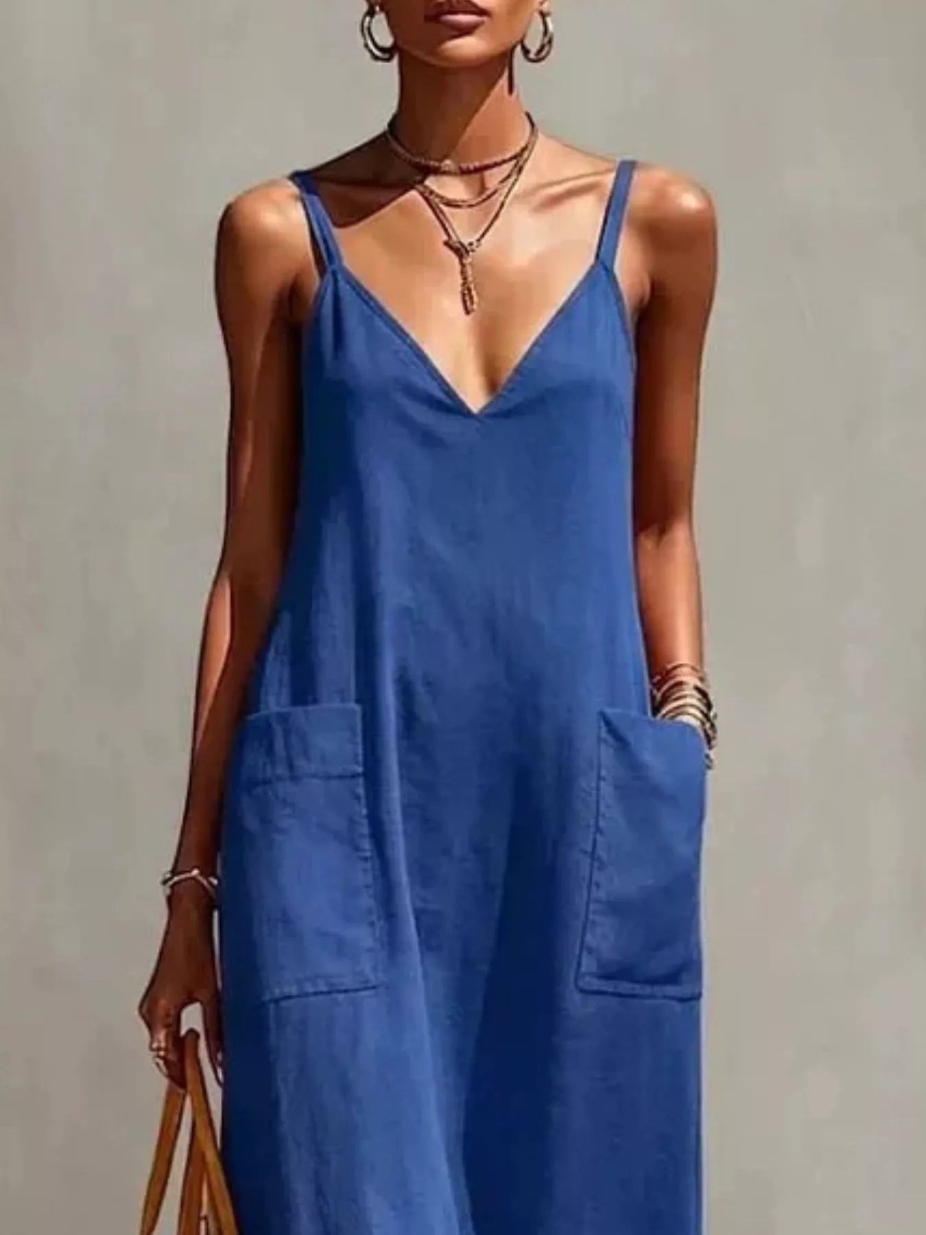 Plus-size V-neck spaghetti strap midi dress with fringe hem and pockets