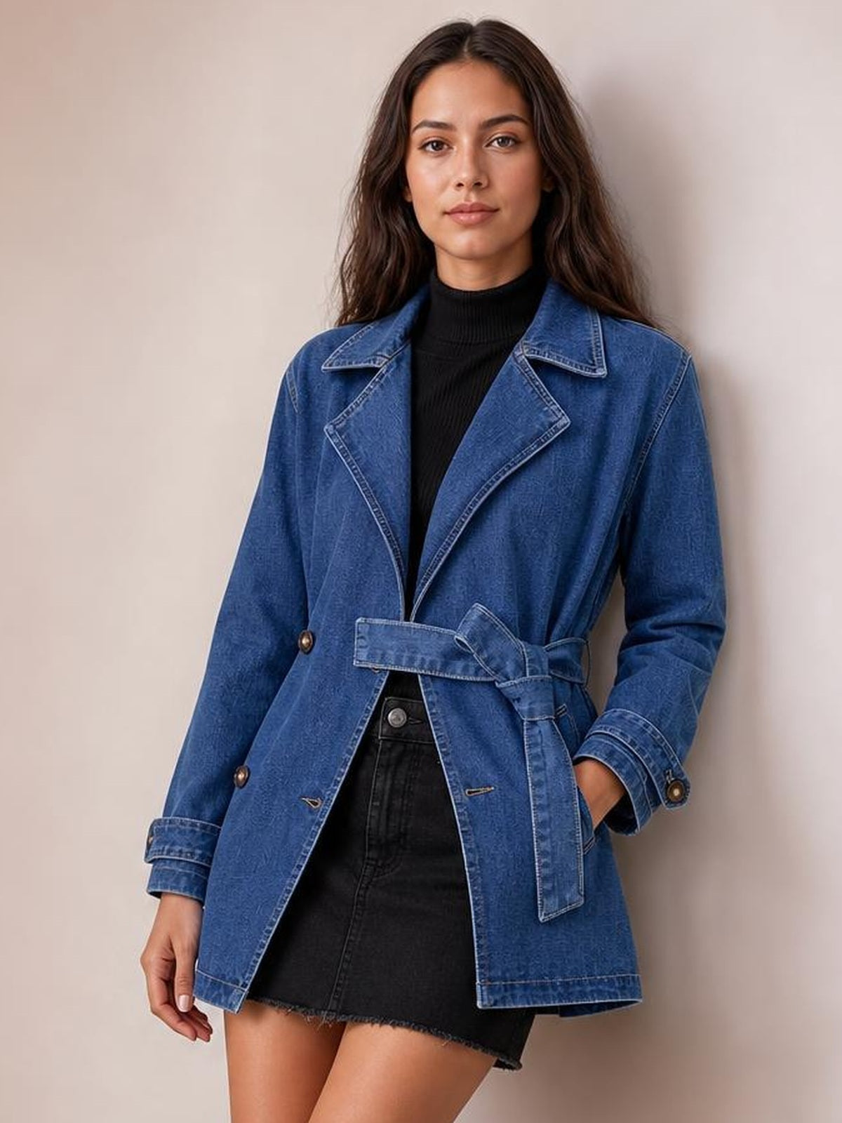 Model poses in a blue belted double-breasted denim jacket with notched lapels, button closure, cuff tabs, and visible pockets over a black outfit.