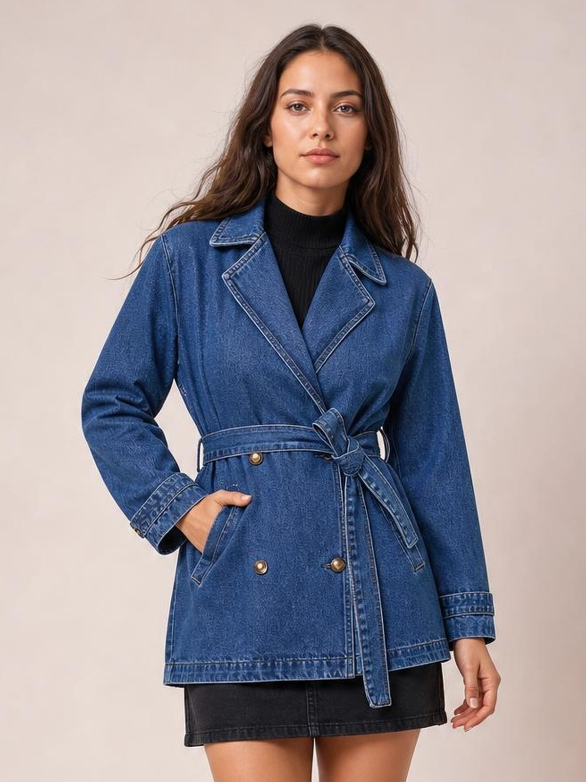 Model poses with one hand in the pocket of a blue denim jacket featuring a double-breasted front, notched lapels, long sleeves, and a tied waist belt.