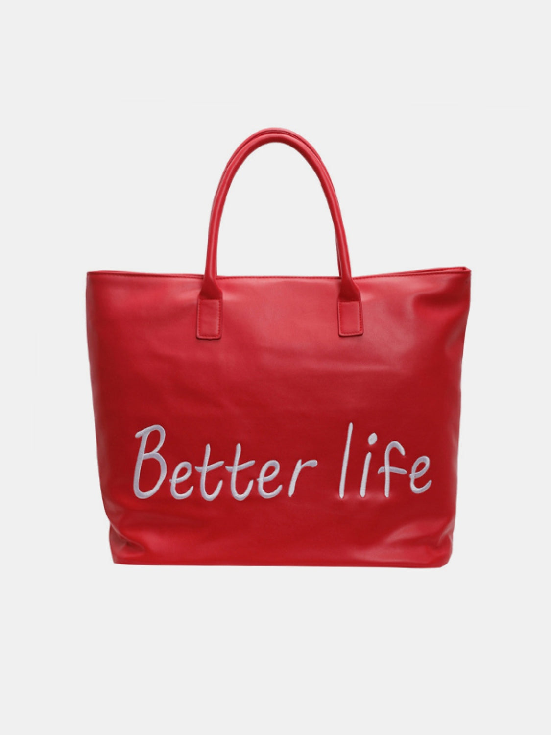 A large red PU leather tote bag with a spacious structured silhouette, softly rounded top handles, reinforced attachments, and “Better life” lettering across the front.