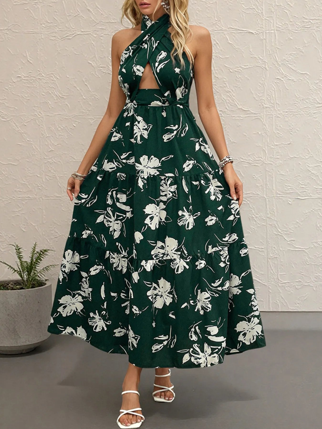 Printed Halter Neck Maxi Cami Dress with Tie.