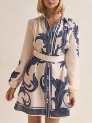 Printed Long Sleeve Shirt Dress with Tied Detail.