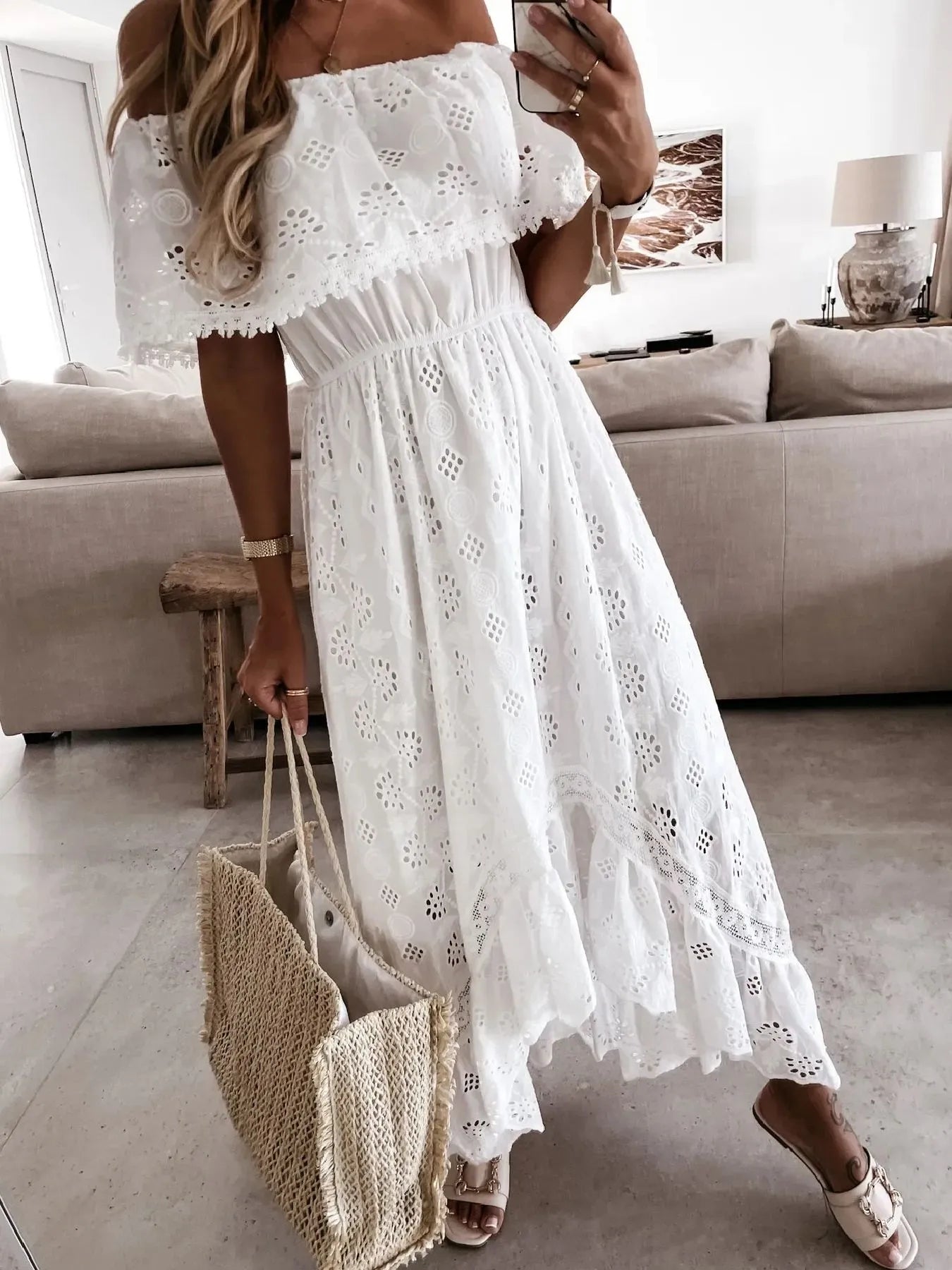 Eyelet Ruffled Hem Off-Shoulder Dress with Slit.